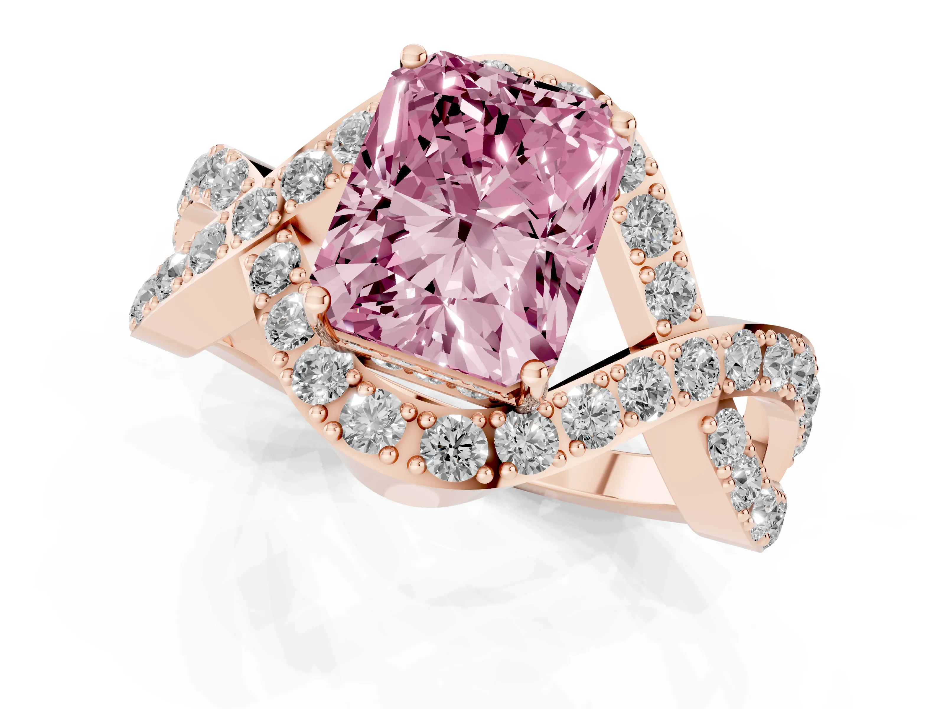 Fancy Pink Radiant Cut Diamond Solitaire Twist Band Pavé Engagement Ring Set in Rose gold
