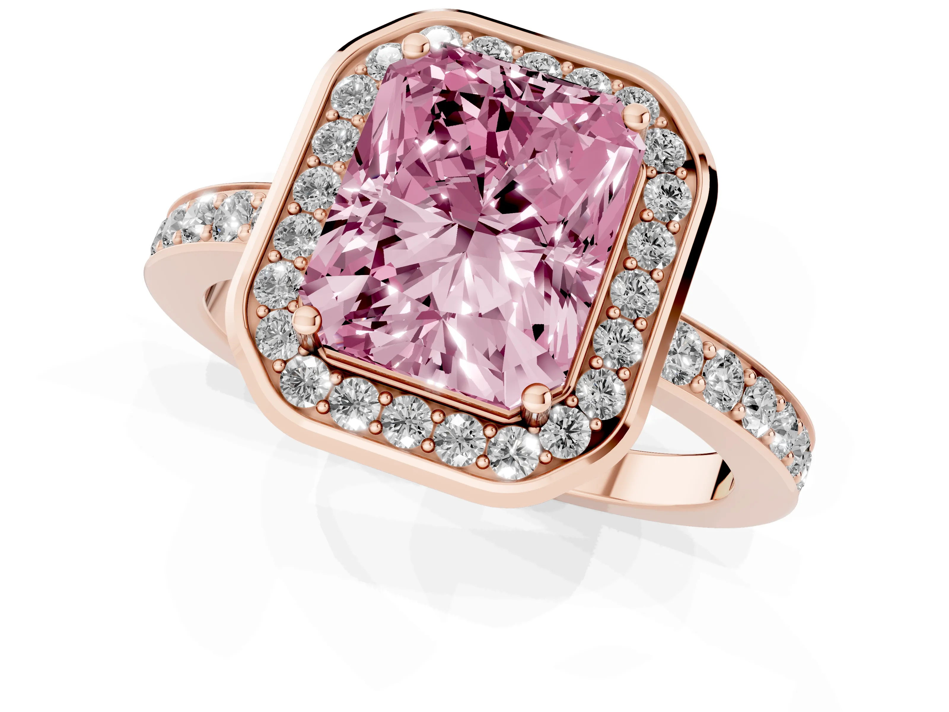 Fancy Pink Radiant Cut Diamond Halo Ring Set in Rose gold with Bezel Frame and Pavé Band