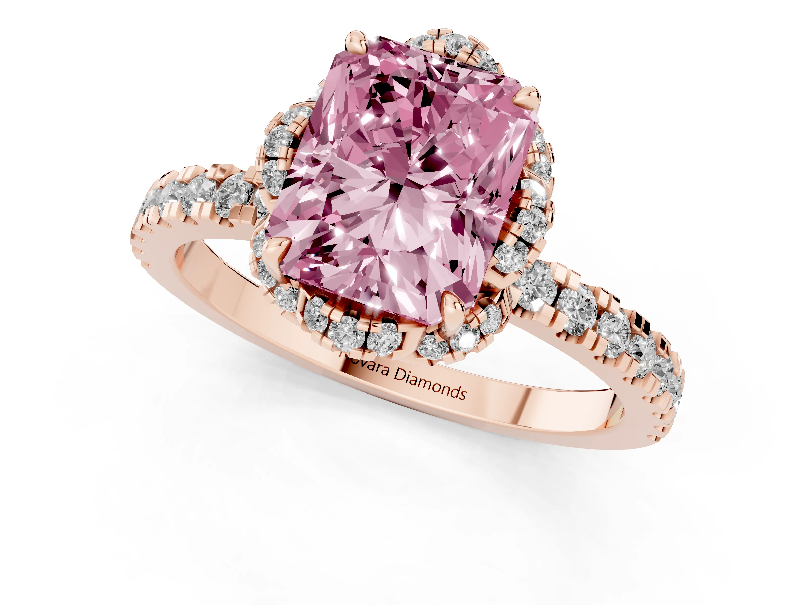 Fancy Pink Radiant Cut Diamond Halo Pavé Band Ring Set in Rose gold with Prong-Held Center