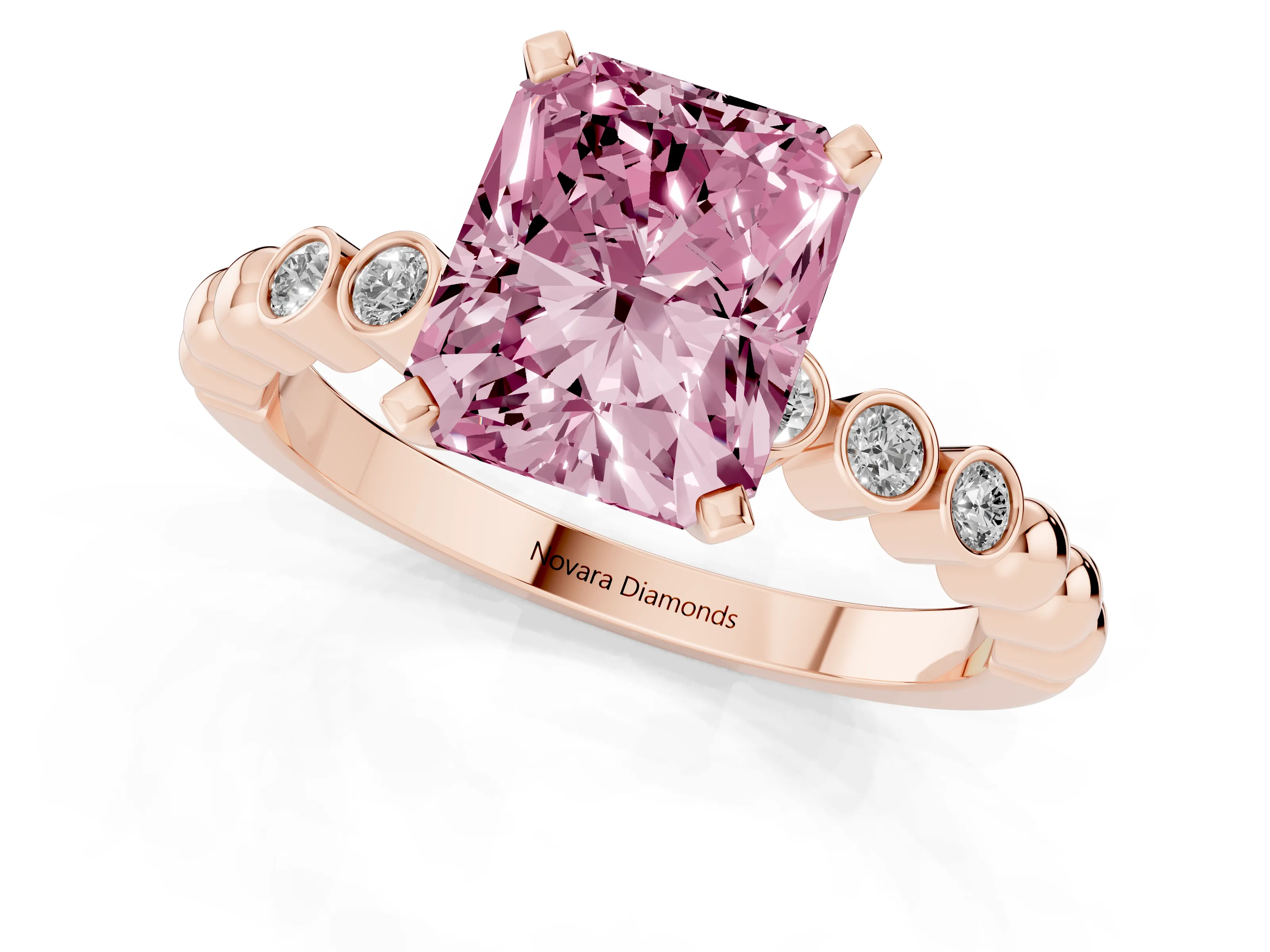 Fancy Pink Radiant Cut Diamond Solitaire Engagement Ring Set in Rose gold with Bezel Accents on Beaded Band – second view
