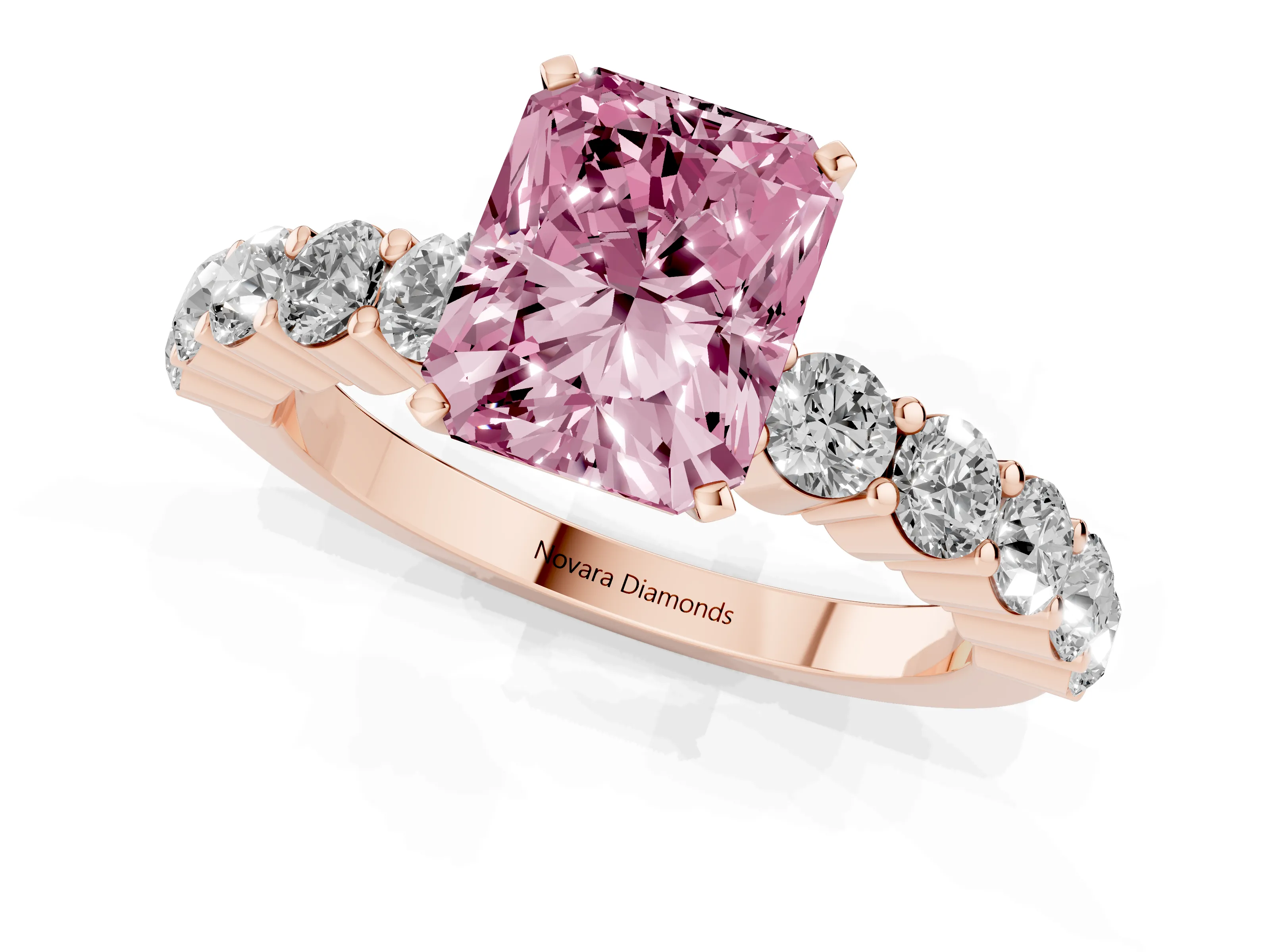 Fancy Pink Radiant Cut Diamond Solitaire Ring Set in Rose gold with Shared Prong Round Side Stones