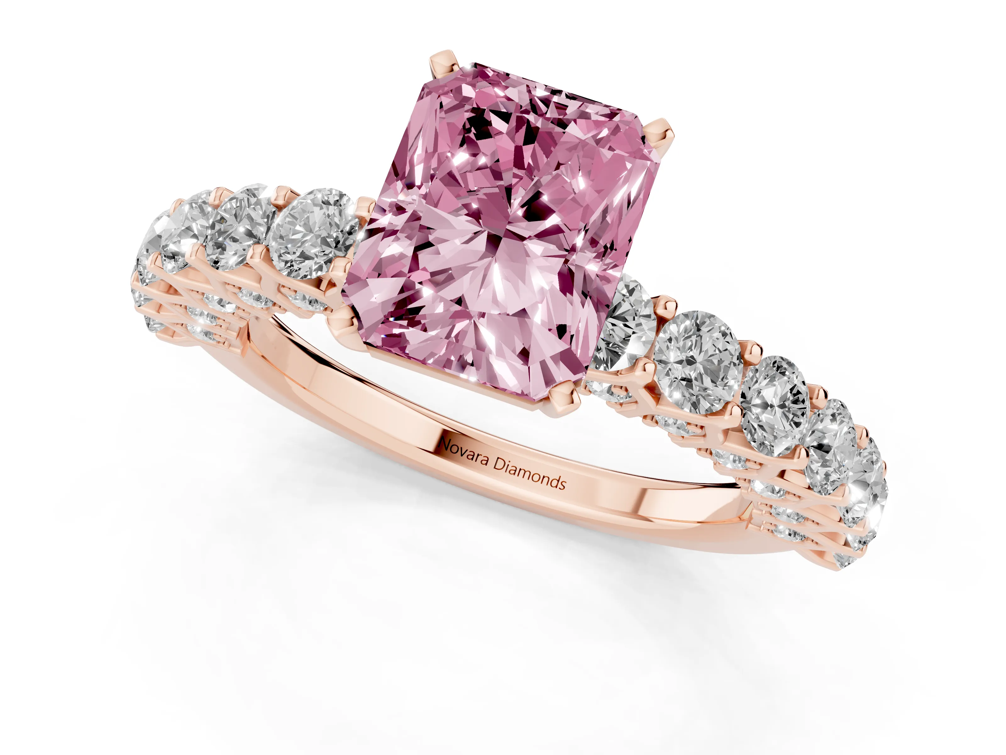 Fancy Pink Radiant Cut Diamond Solitaire Ring Set in Rose gold with Shared Prong Pavé Band