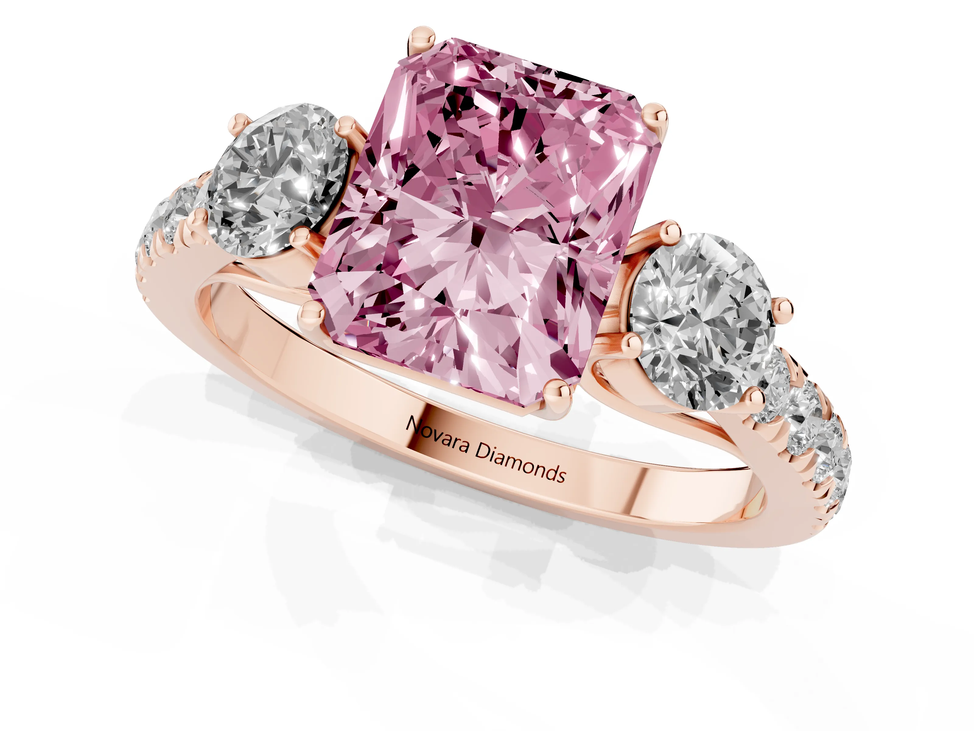 Fancy Pink Radiant Cut Diamond Three-Stone Ring Set in Rose gold with Round Side Stones and Delicate Pavé Band