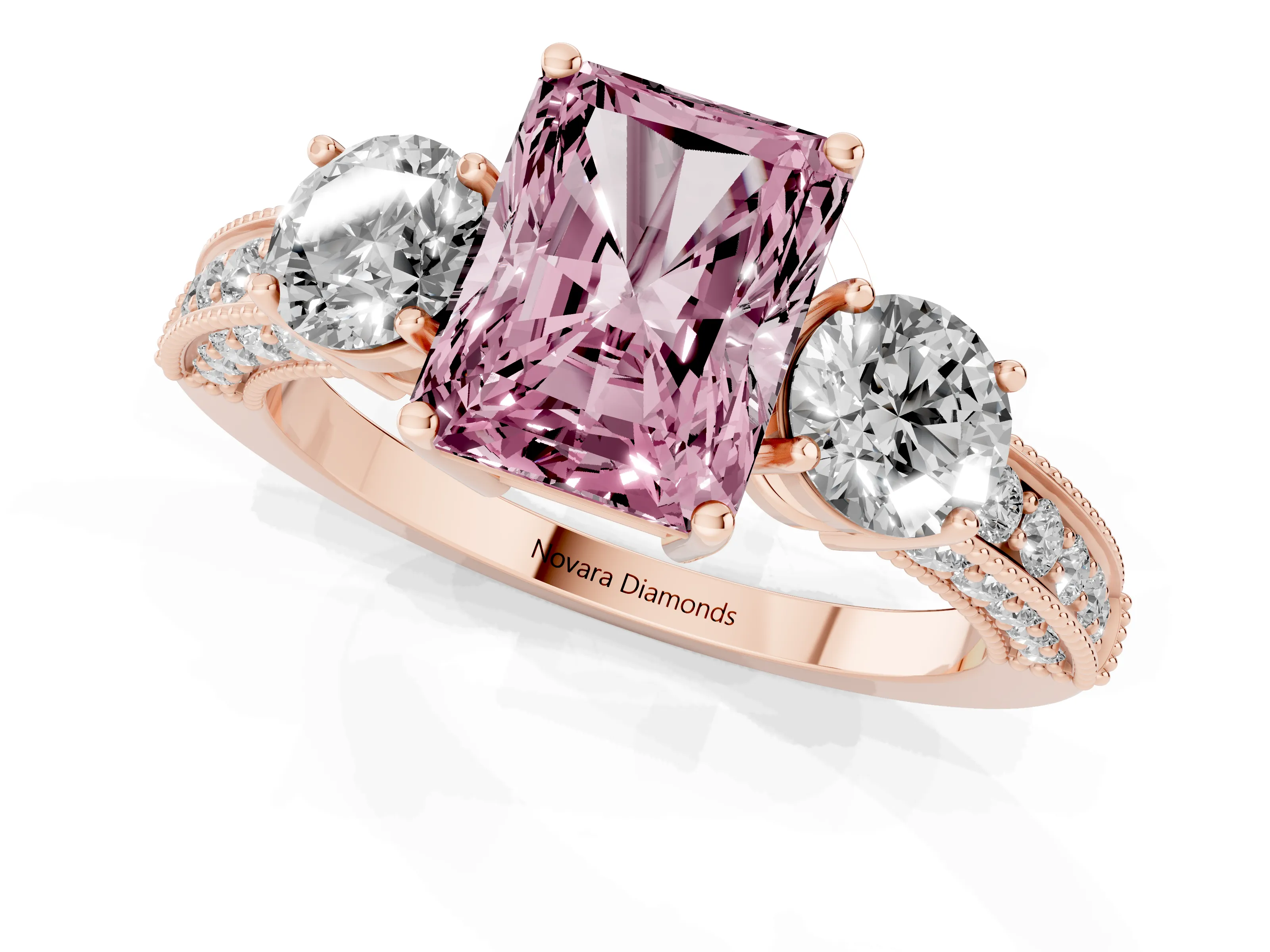 Fancy Pink Radiant Cut Diamond Three-Stone Ring Set in Rose gold with Round Side Stones and Pavé Band