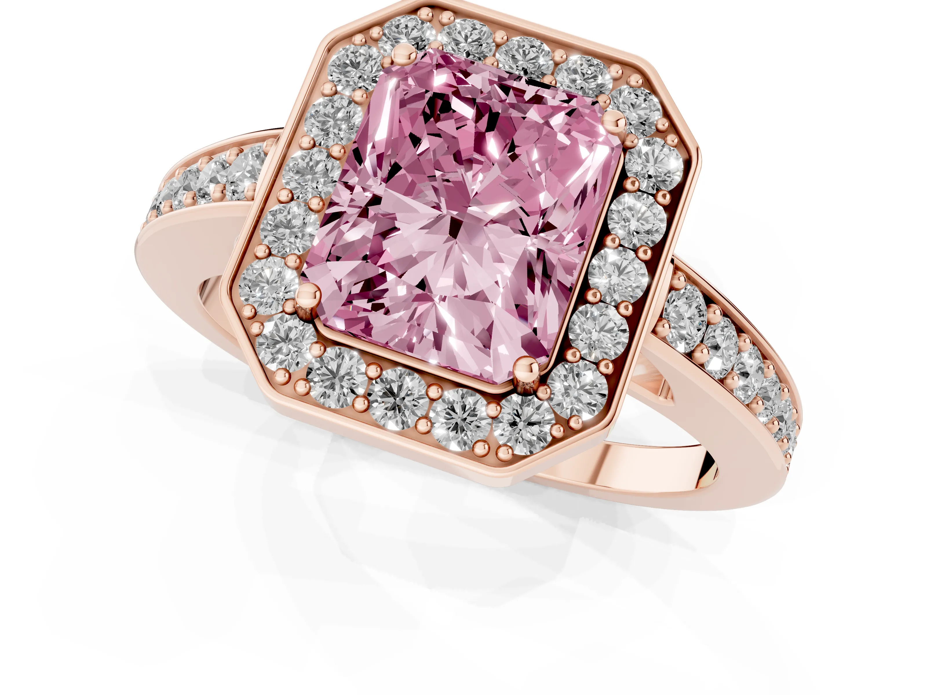 Fancy Pink Radiant Cut Diamond Halo Pavé Engagement Ring Set in Rose gold with Bezel Setting