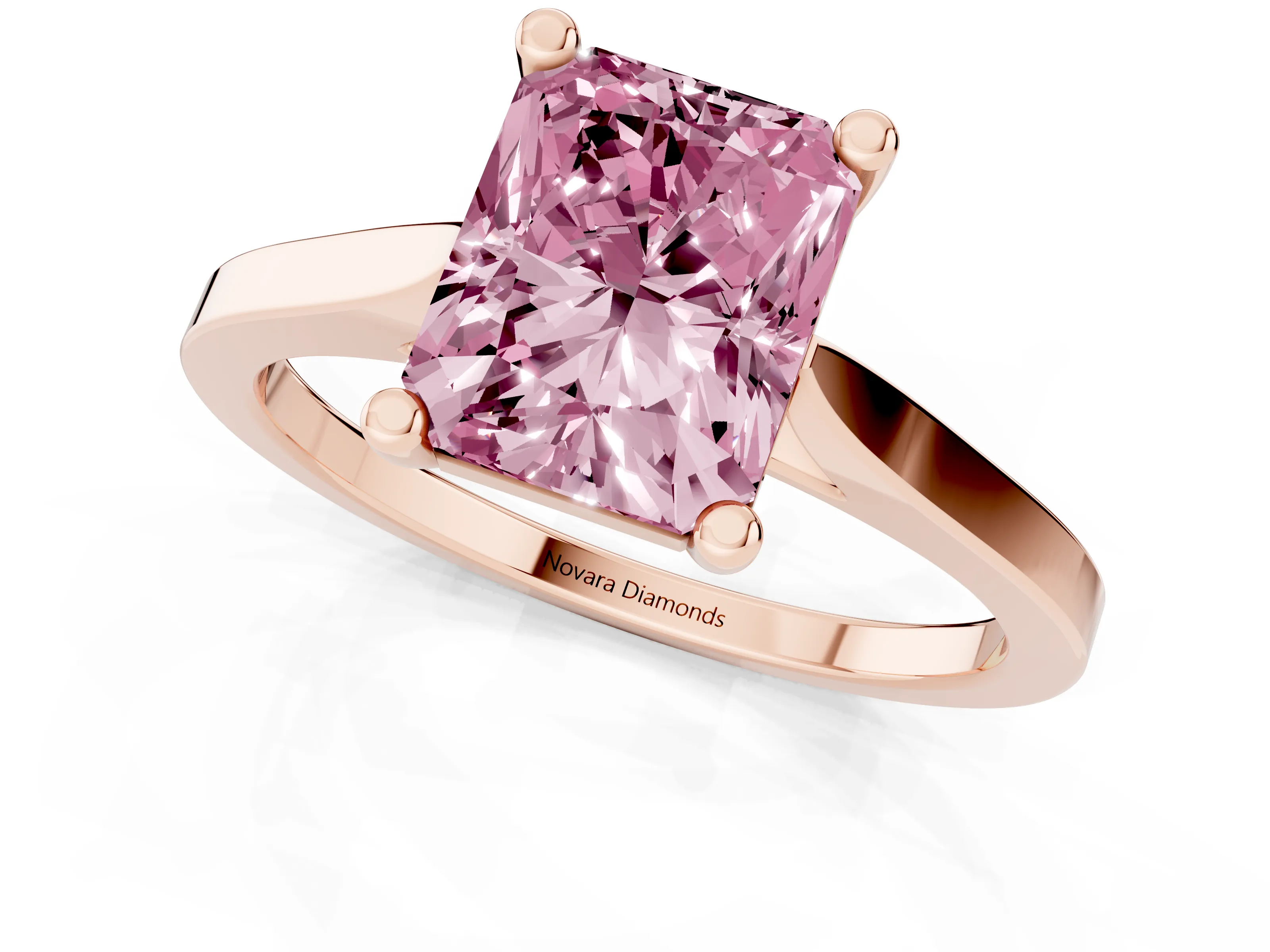 Fancy Pink Radiant Cut Diamond Solitaire Ring Set in Rose gold with Prong Setting and Tapered Band