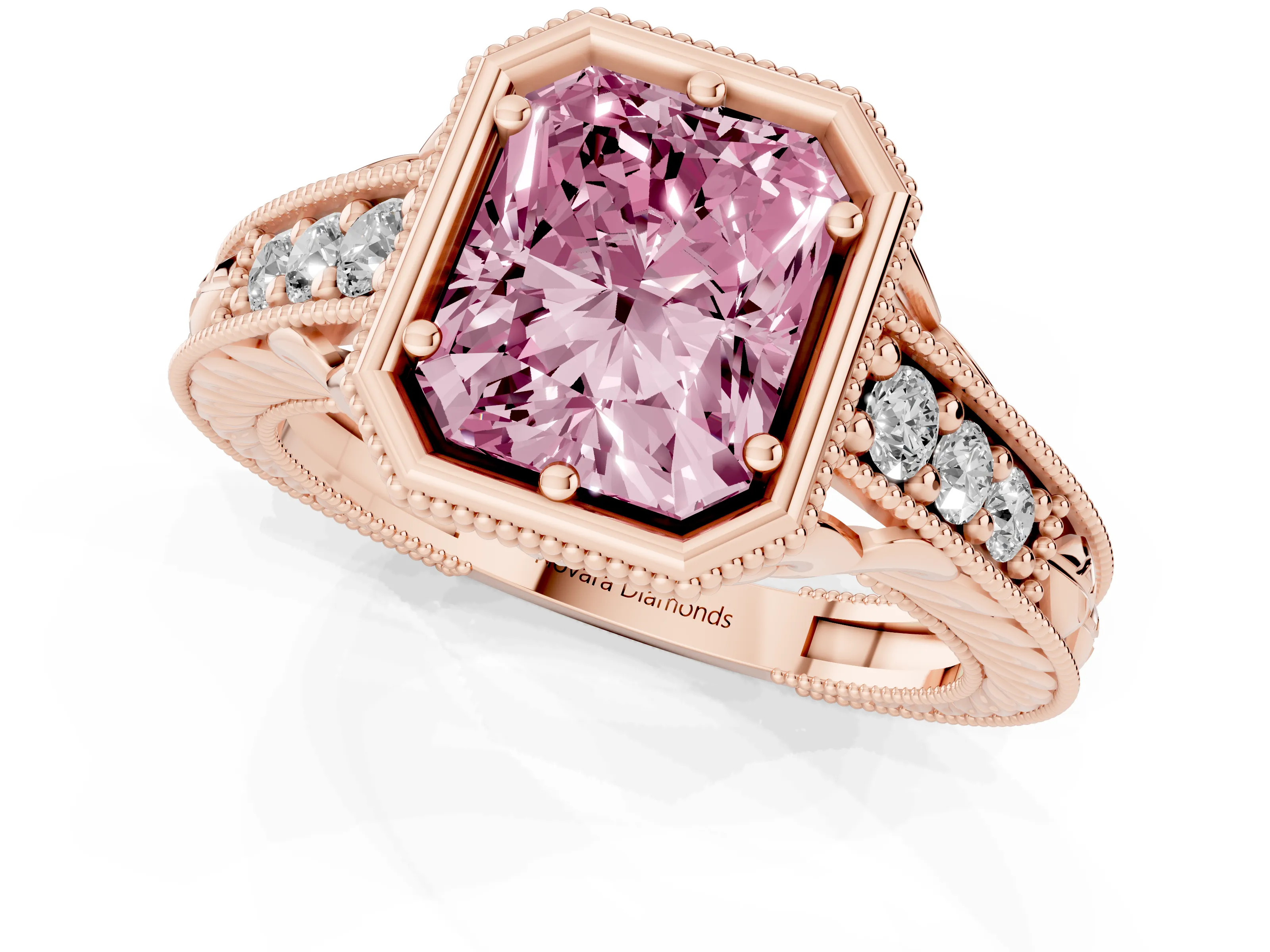 Fancy Pink Bezel Set Radiant Cut Diamond Milgrain Pavé Engagement Ring Set in Rose gold