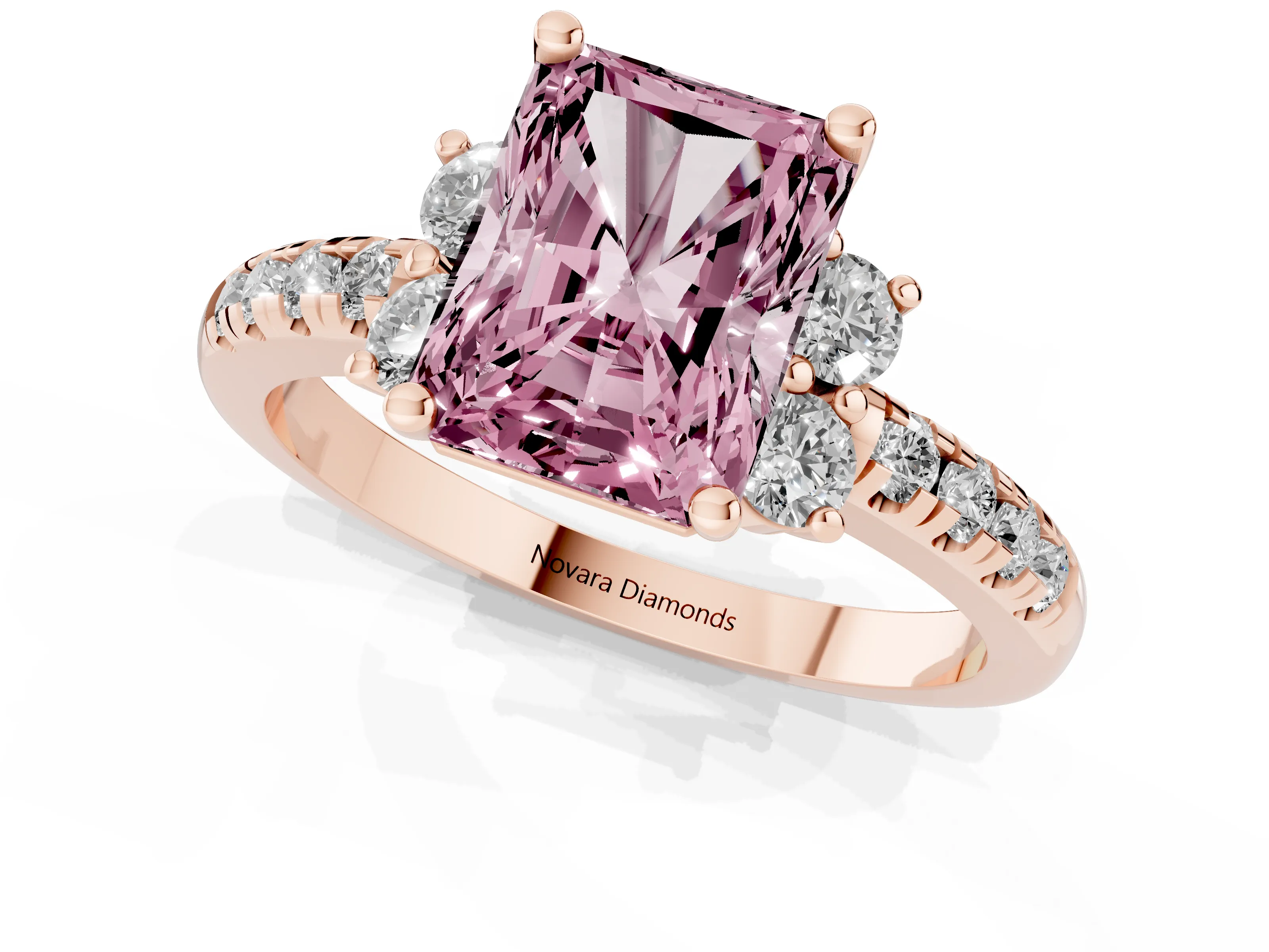 Fancy Pink Radiant Cut Diamond Three-Stone Pavé Ring Set in Rose gold with Prong Setting