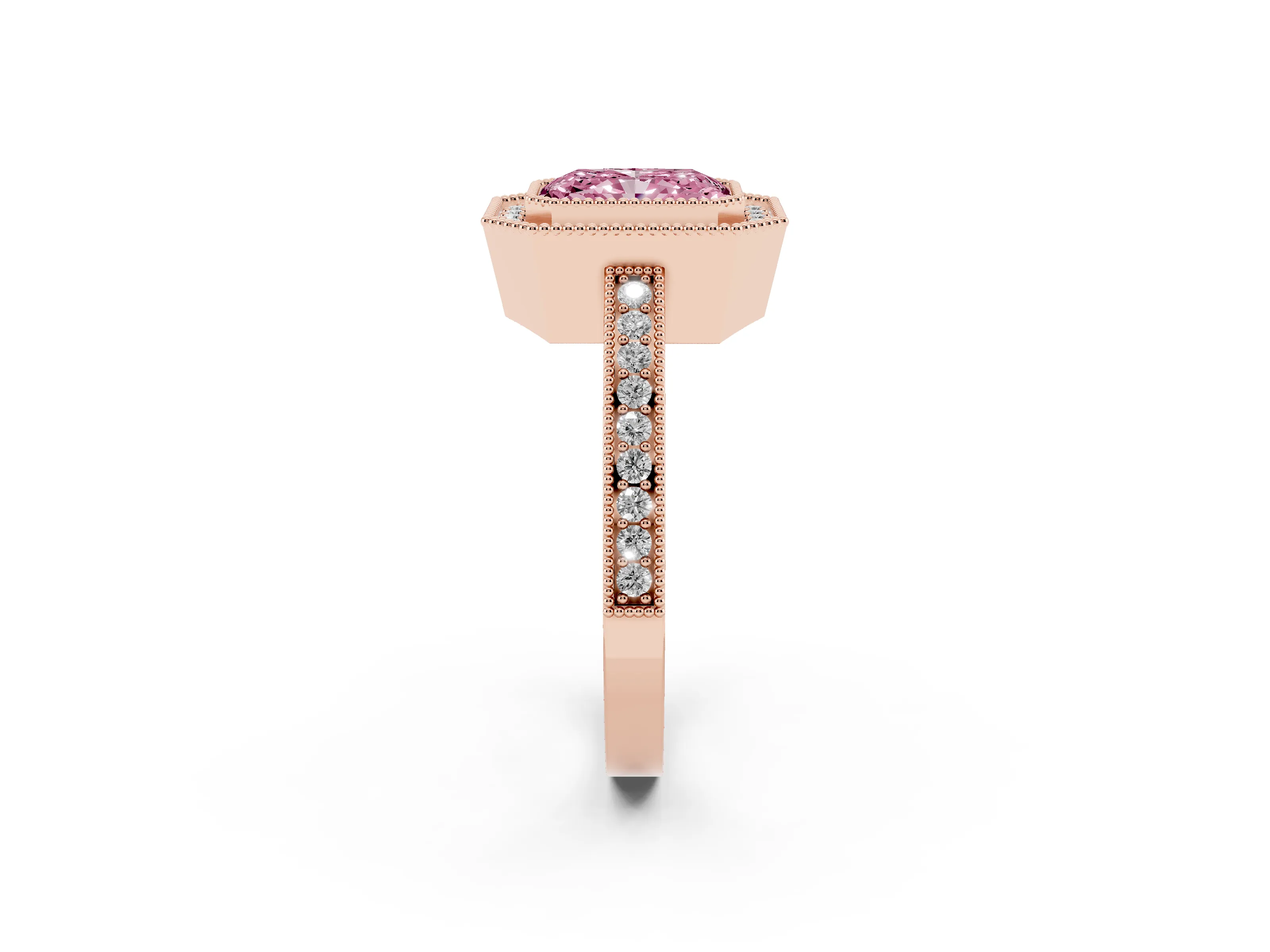 Fancy Pink Radiant Cut Diamond Round Halo Ring Set in Rose gold with Pavé Band