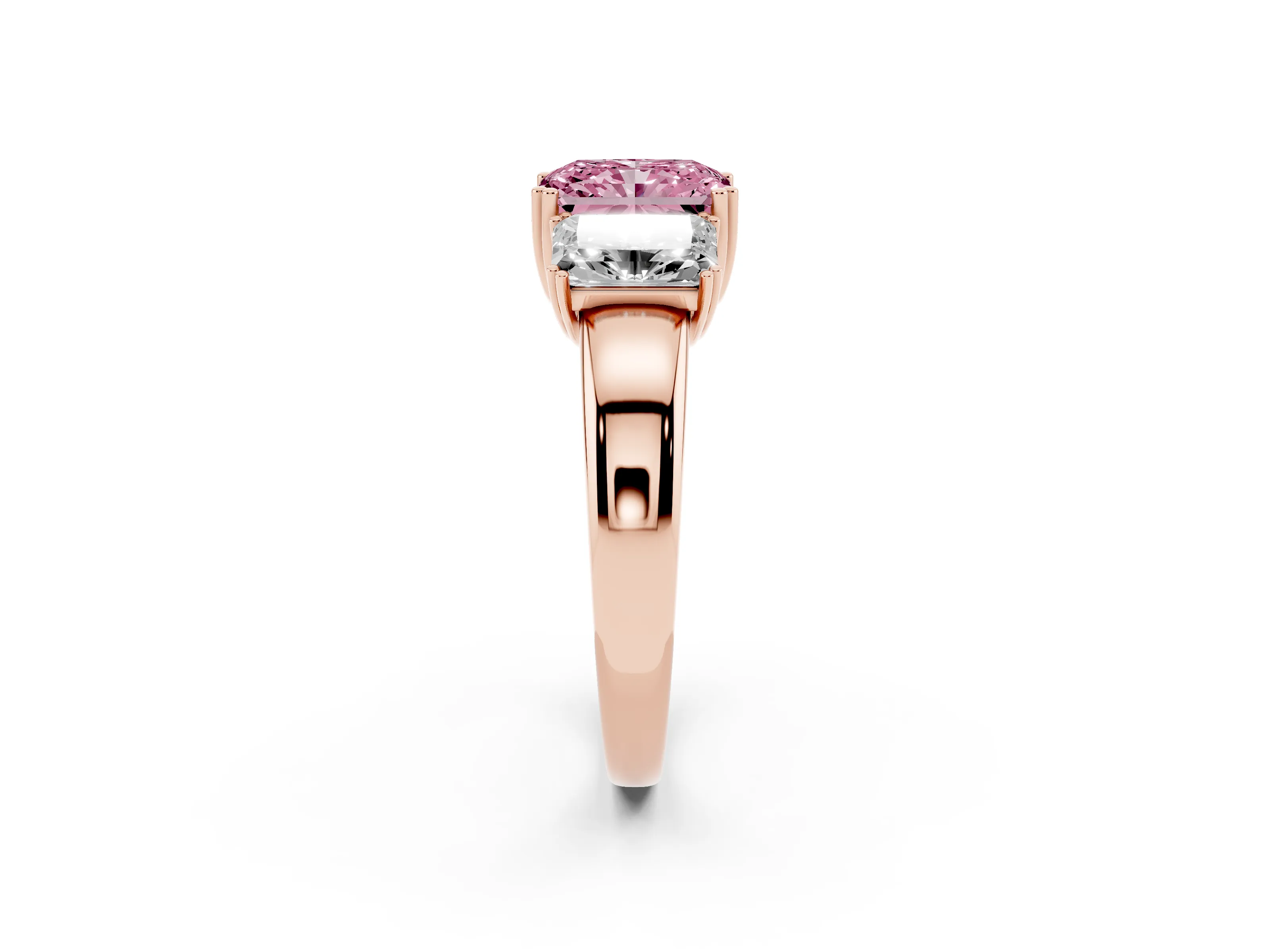 Fancy Pink Radiant Cut Diamond Three-Stone Ring Set in Rose gold with Polished Channel-Set Band