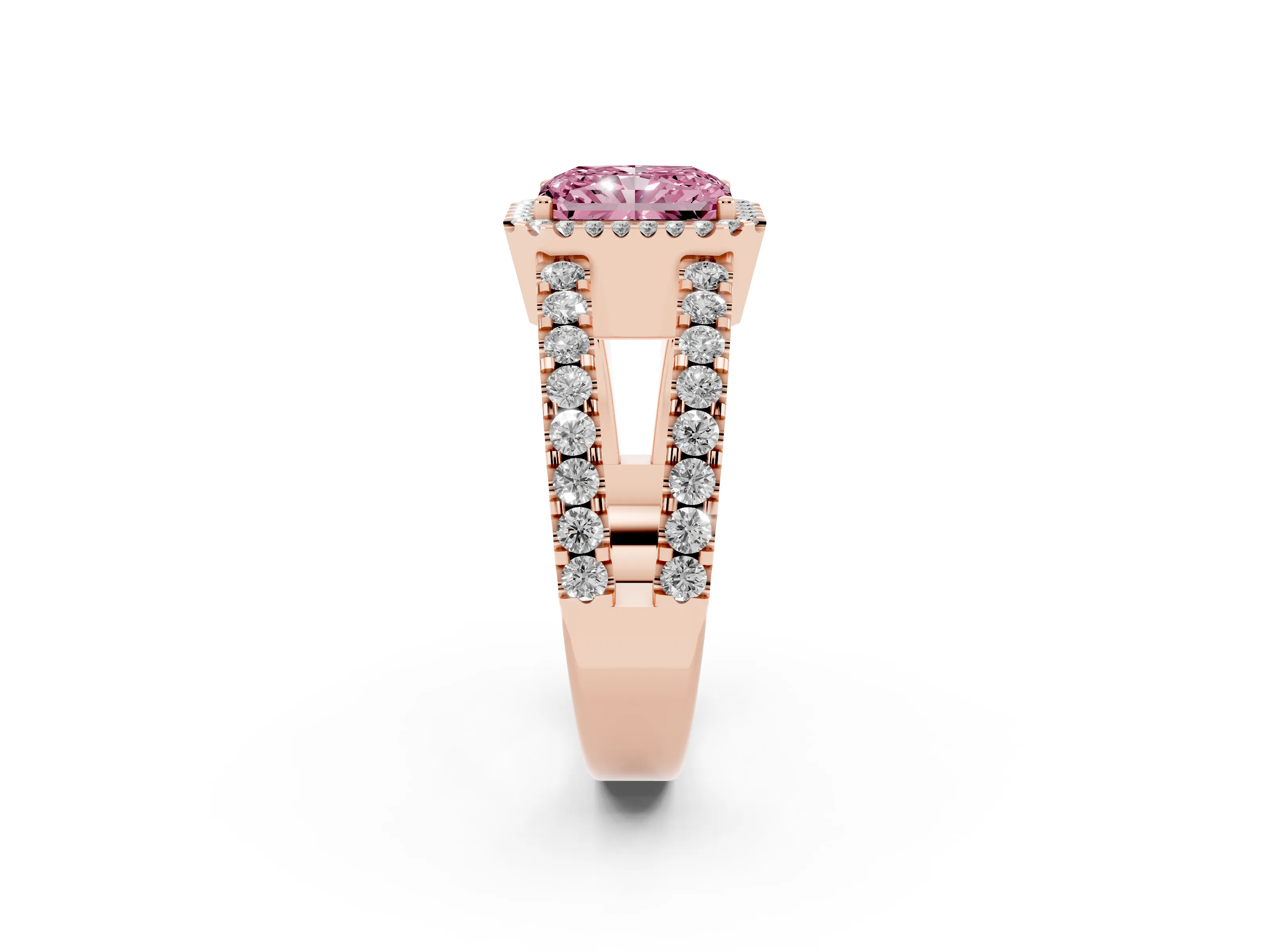 Fancy Pink Radiant Cut Diamond Halo Ring Set in Rose gold with Pavé Split Shank and Prong Setting