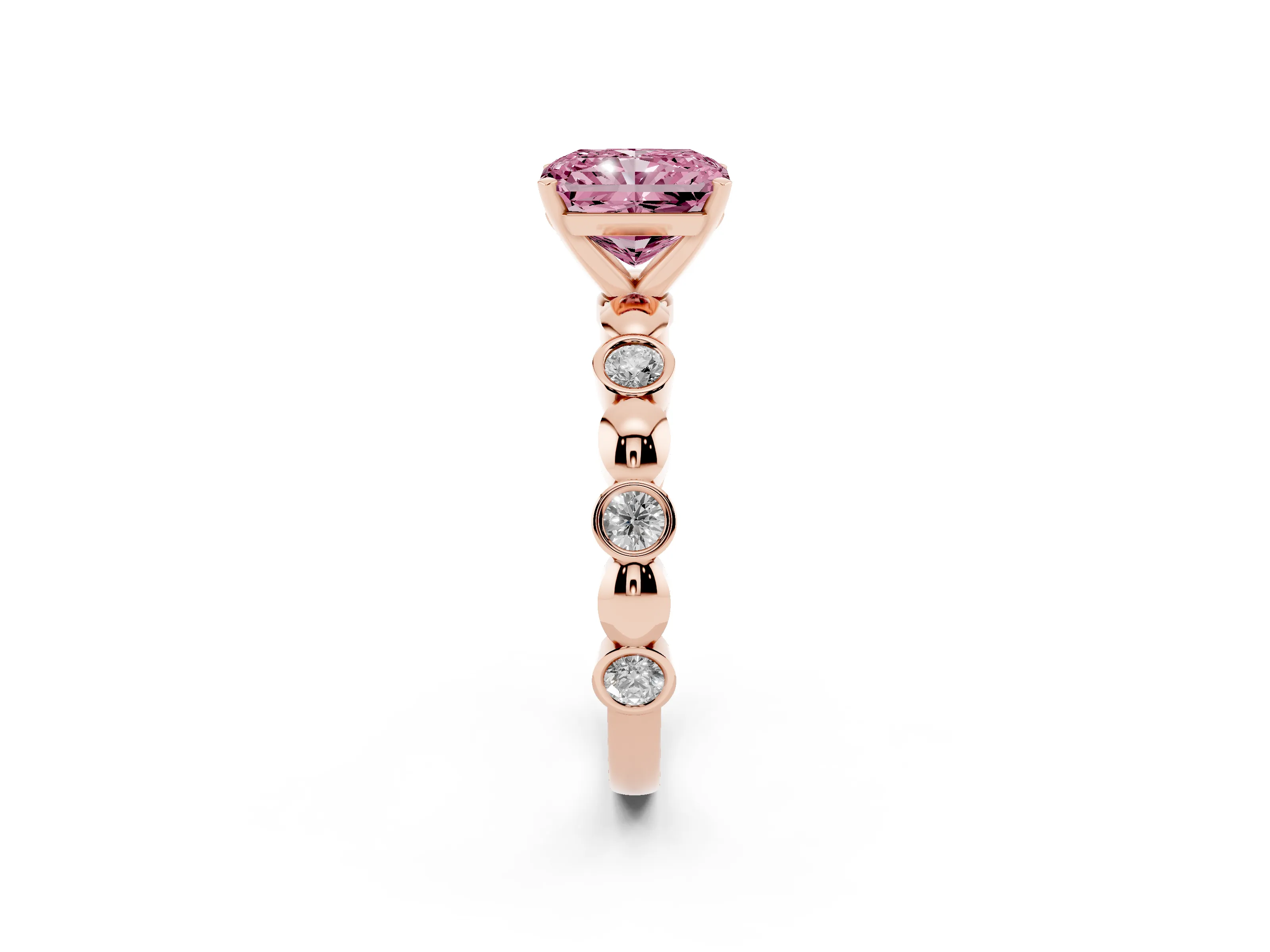 Fancy Pink Radiant Cut Diamond Solitaire Ring Set in Rose gold with Bezel-Set Accents on Beaded Band and Prong Setting