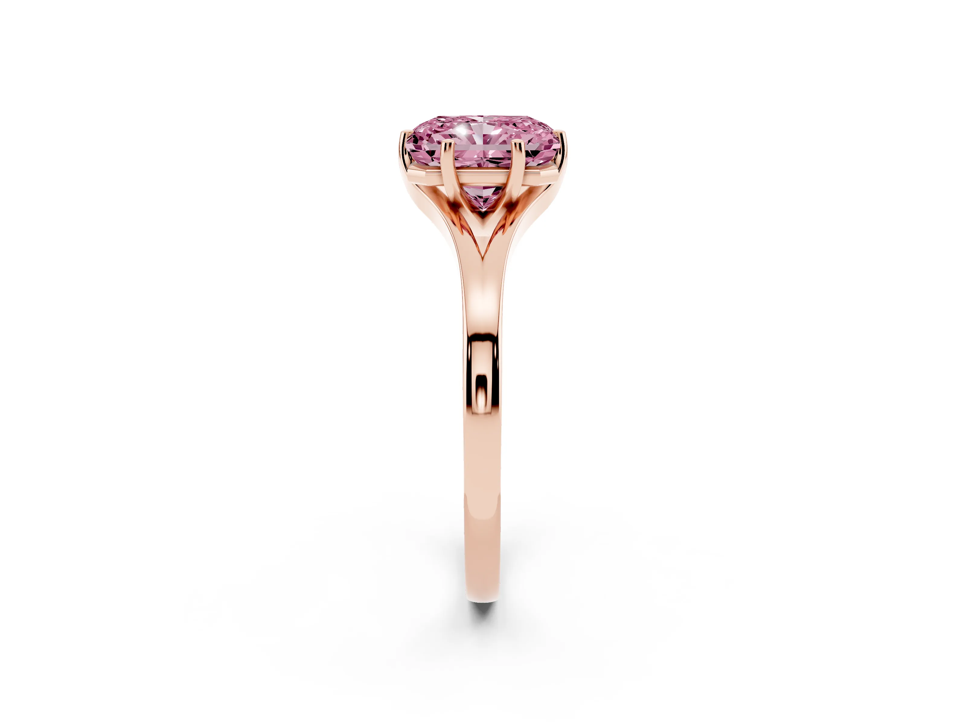 Fancy Pink Radiant Cut Diamond Solitaire Ring Set in Rose gold with Polished Tapered Band and Prong Setting