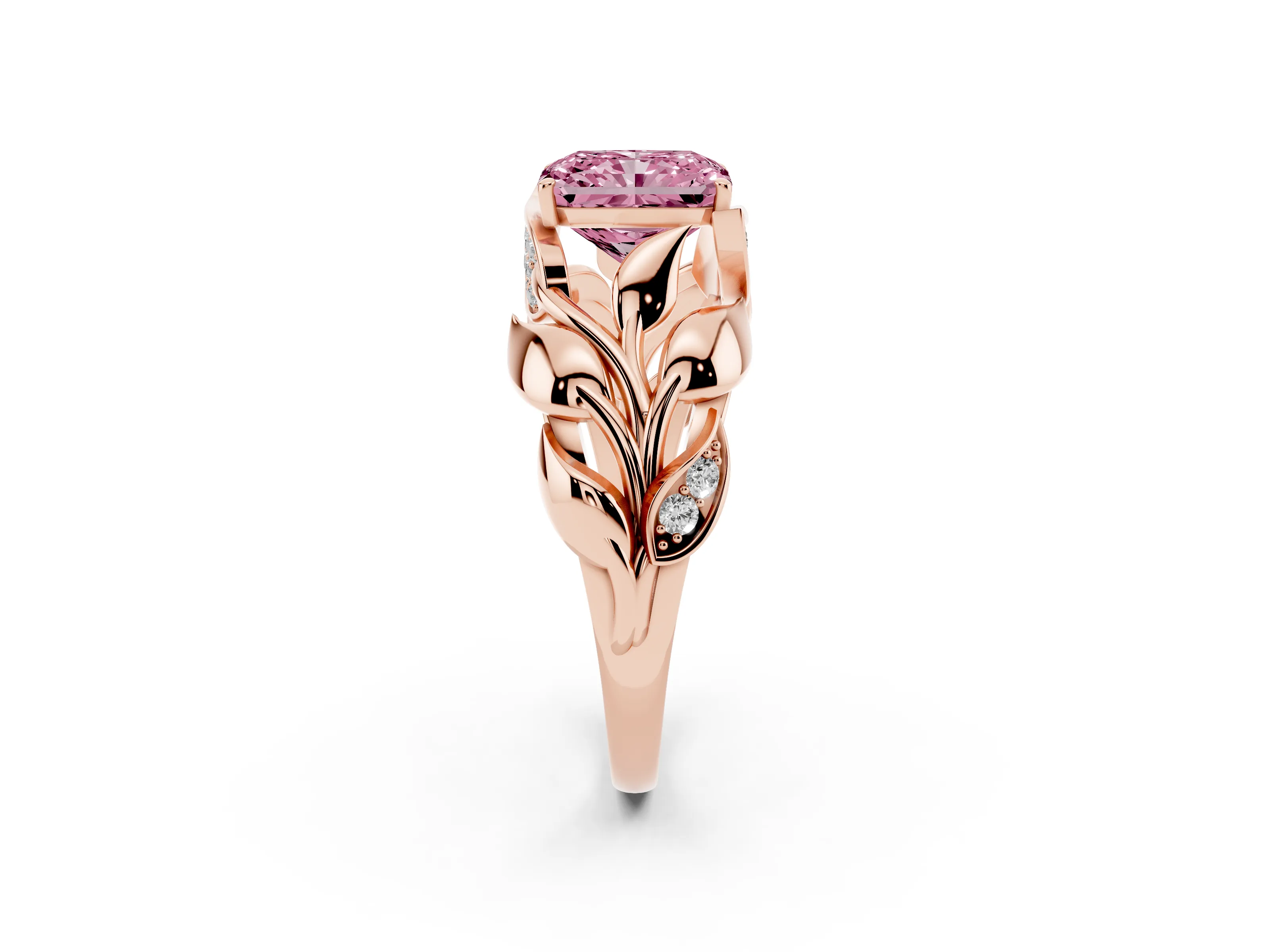 Fancy Pink Radiant Cut Diamond Leaf-Inspired Engagement Ring Set in Rose gold with Round Accents