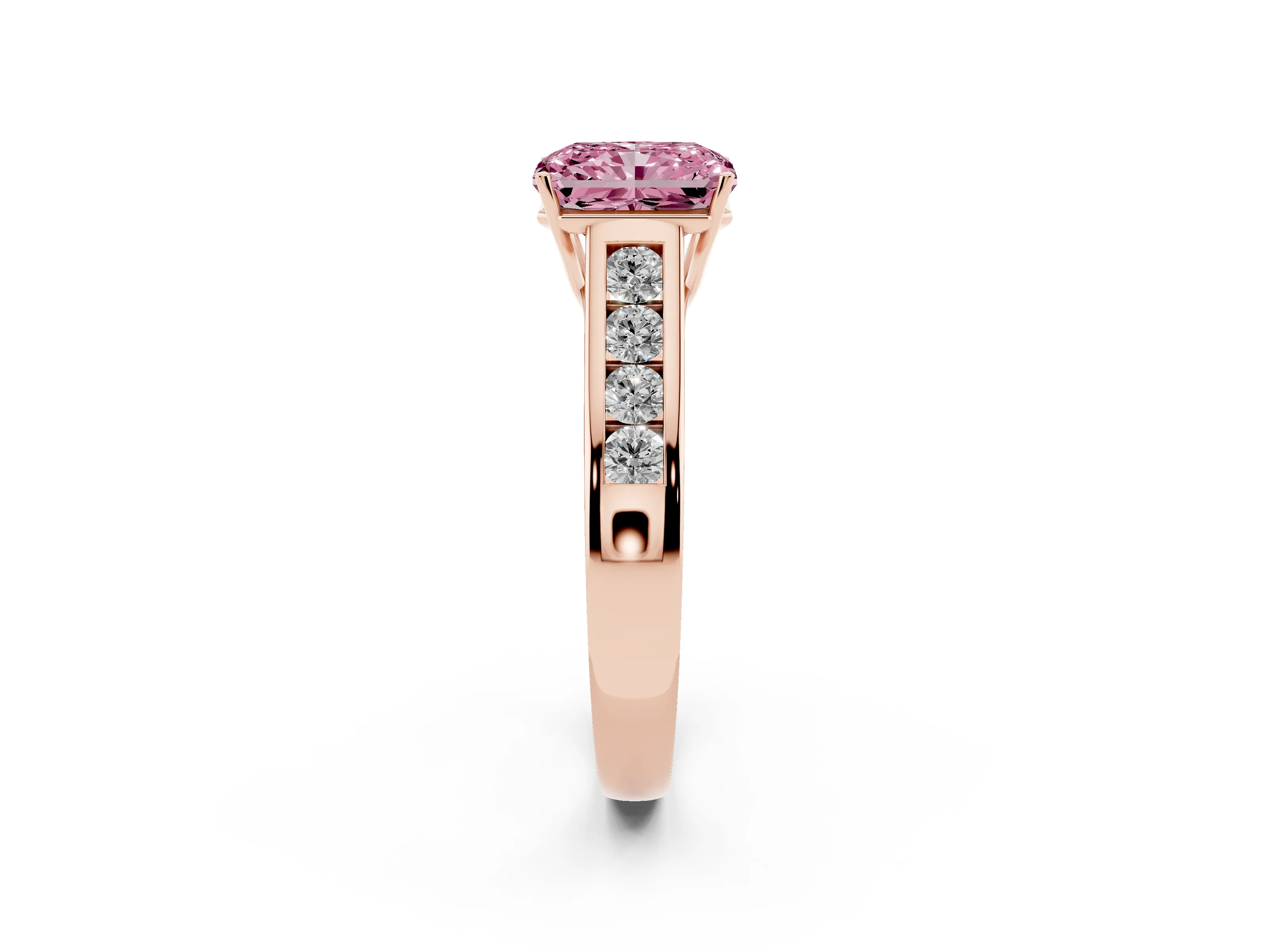 Fancy Pink Radiant Cut Diamond Brilliant Channel-Set Solitaire Ring Set in Rose gold with Prong Setting