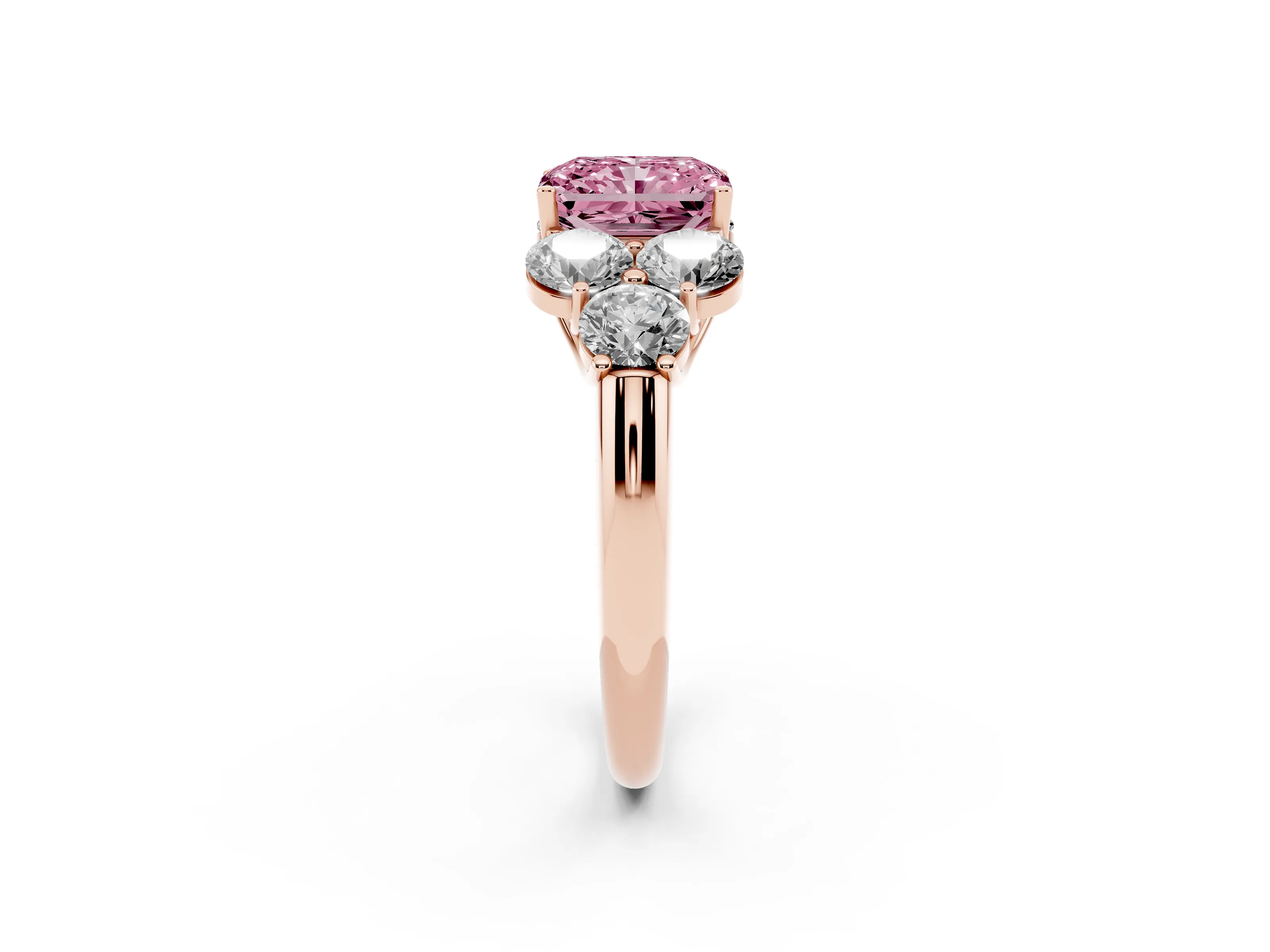 Fancy Pink Radiant Cut Diamond Cluster Ring Set in Rose gold with Round Accent Stones and Prong Setting on a Plain Band