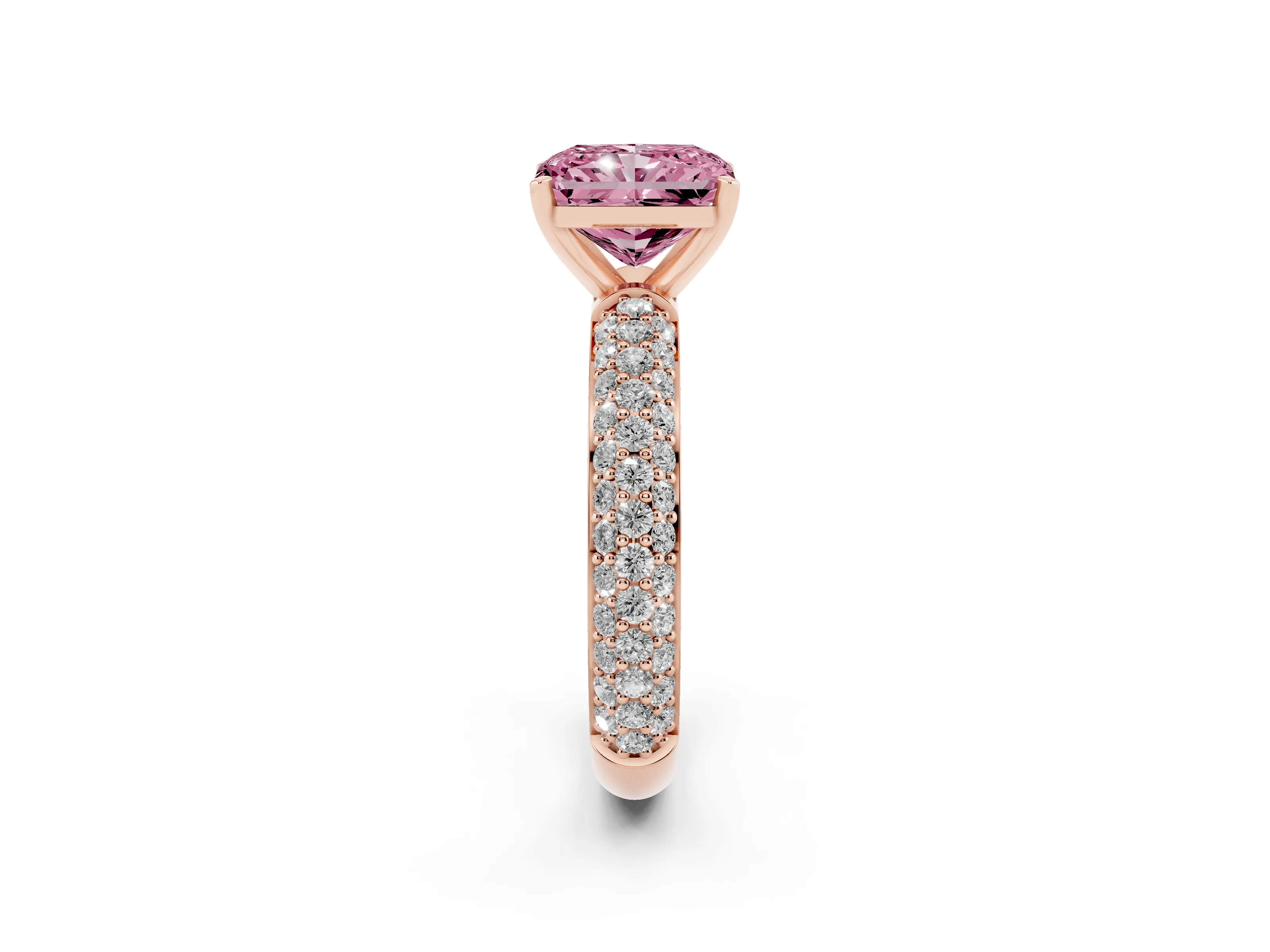 Fancy Pink Radiant Cut Diamond Solitaire Ring Set in Rose gold with Prong Setting and Pavé-Set Band