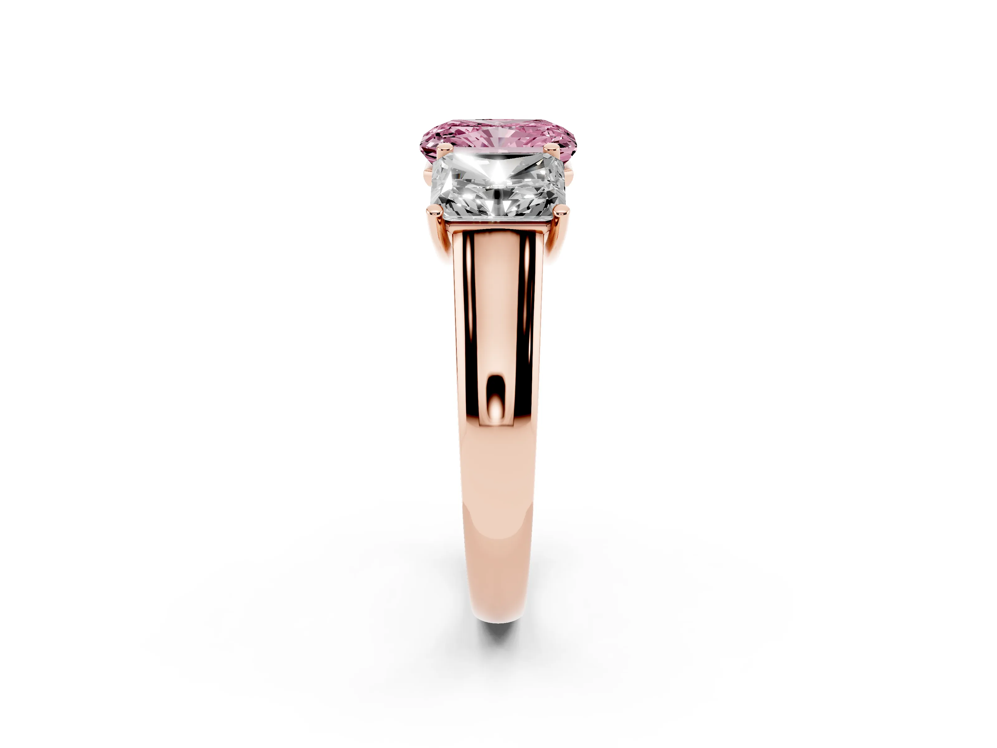 Fancy Pink Radiant Cut Diamond Three-Stone Ring Set in Rose gold with Plain Polished Band