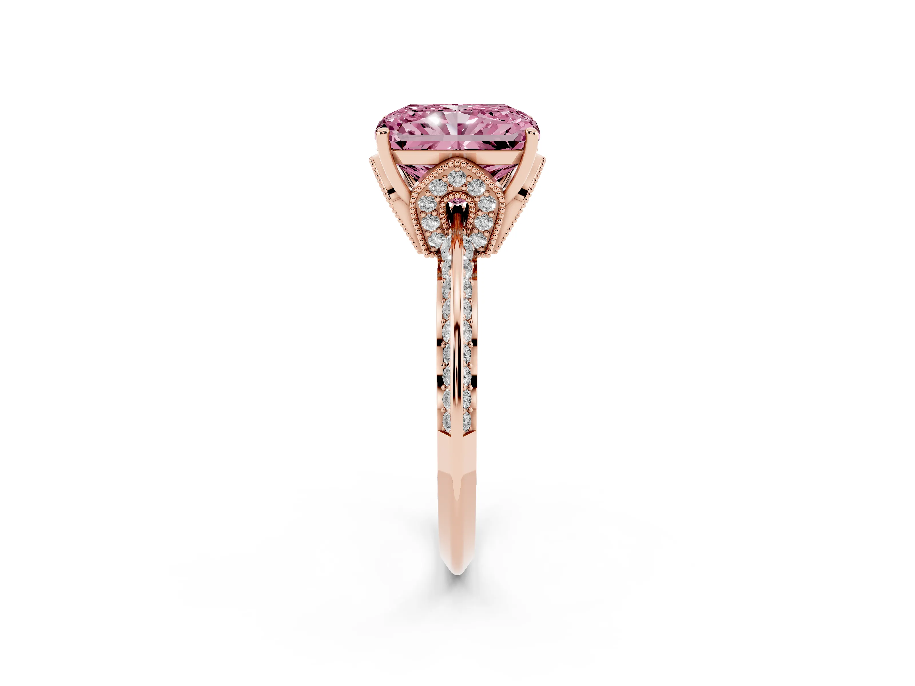 Fancy Pink Radiant Cut Diamond Solitaire Engagement Ring Set in Rose gold with Pavé Split Shank and Prong Setting