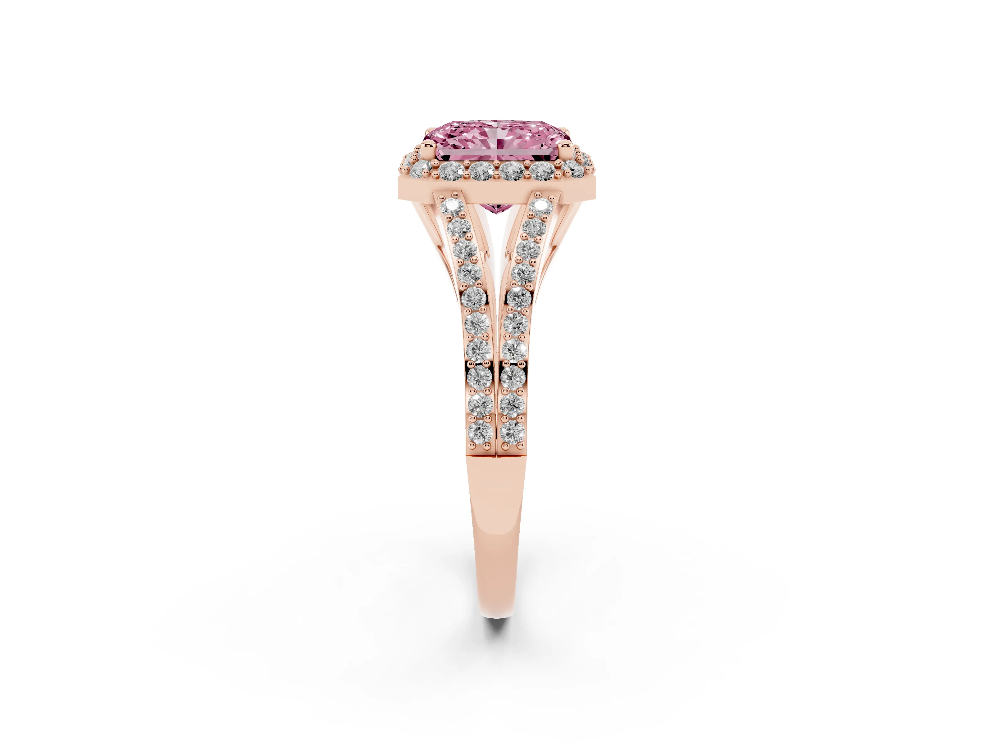 Fancy Pink Radiant Cut Diamond Halo Split Shank Pavé Ring Set in Rose gold with Prong Setting