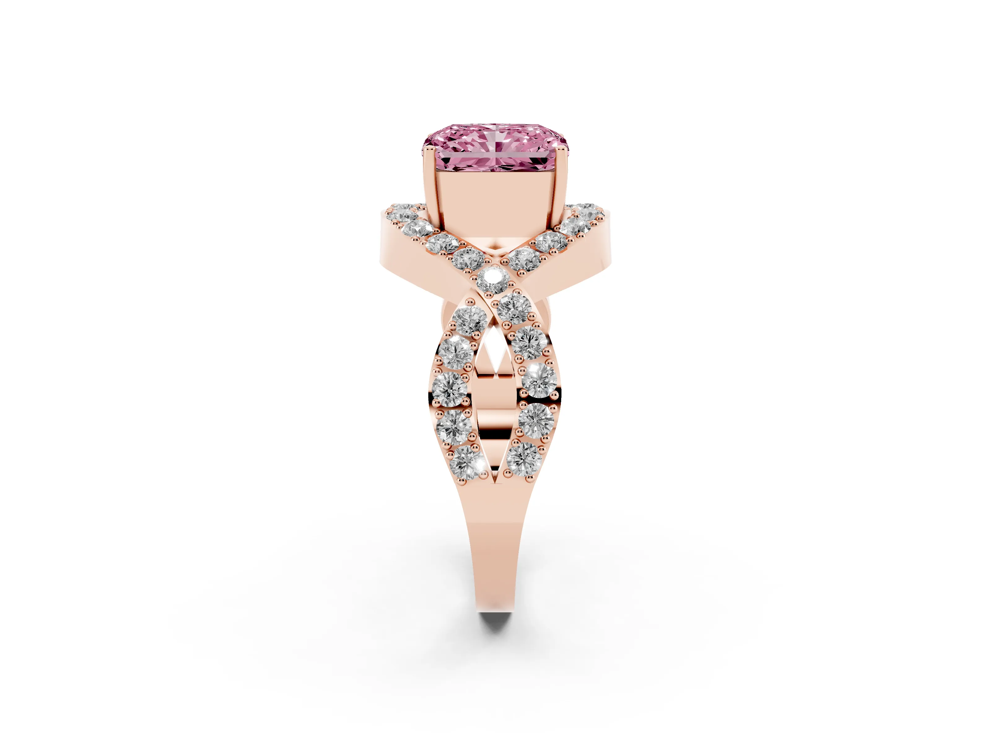 Fancy Pink Radiant Cut Diamond Solitaire Twist Band Pavé Engagement Ring Set in Rose gold