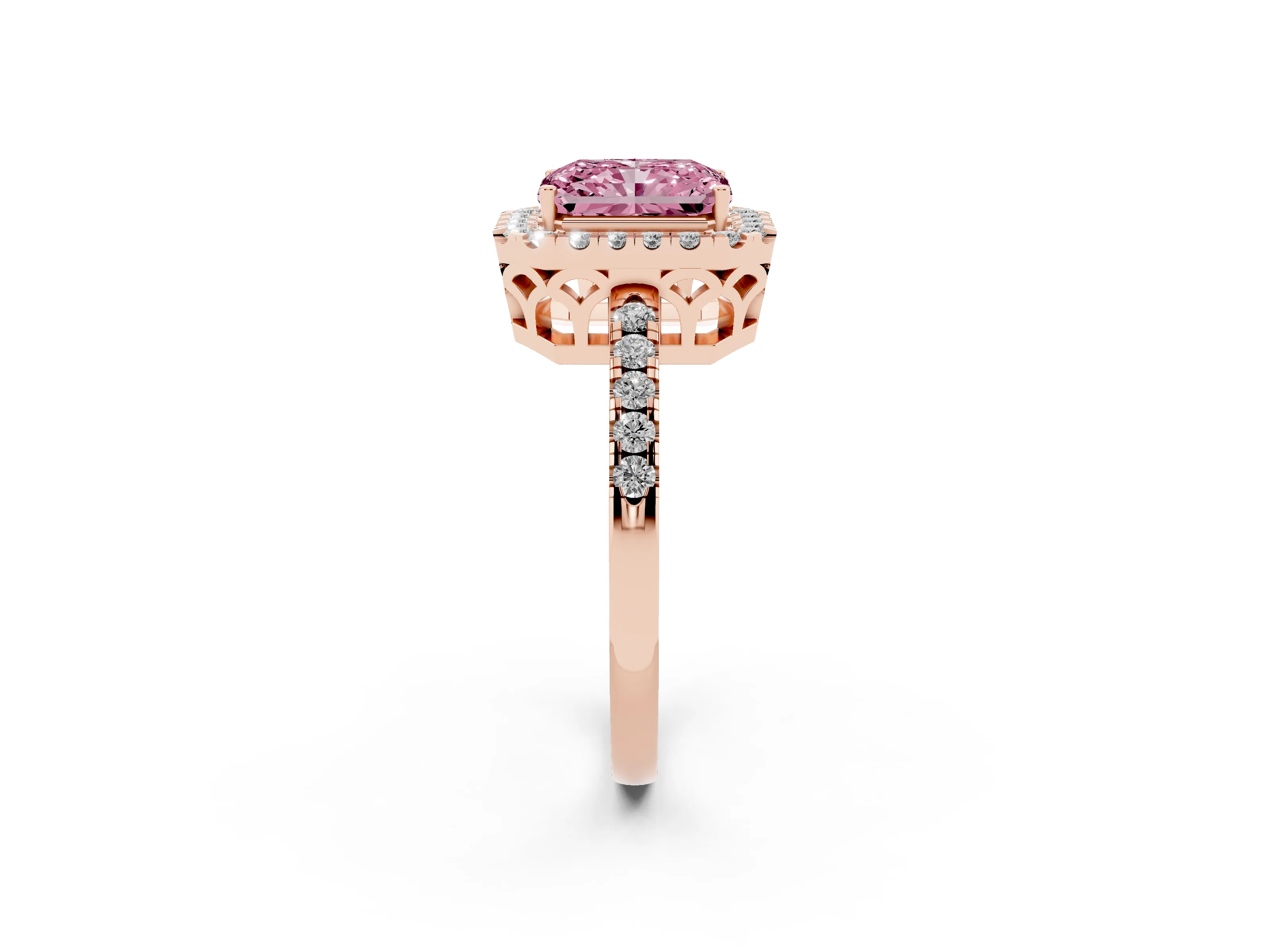 Fancy Pink Radiant Cut Diamond Pavé Band Halo Engagement Ring Set in Rose gold with Prong Setting