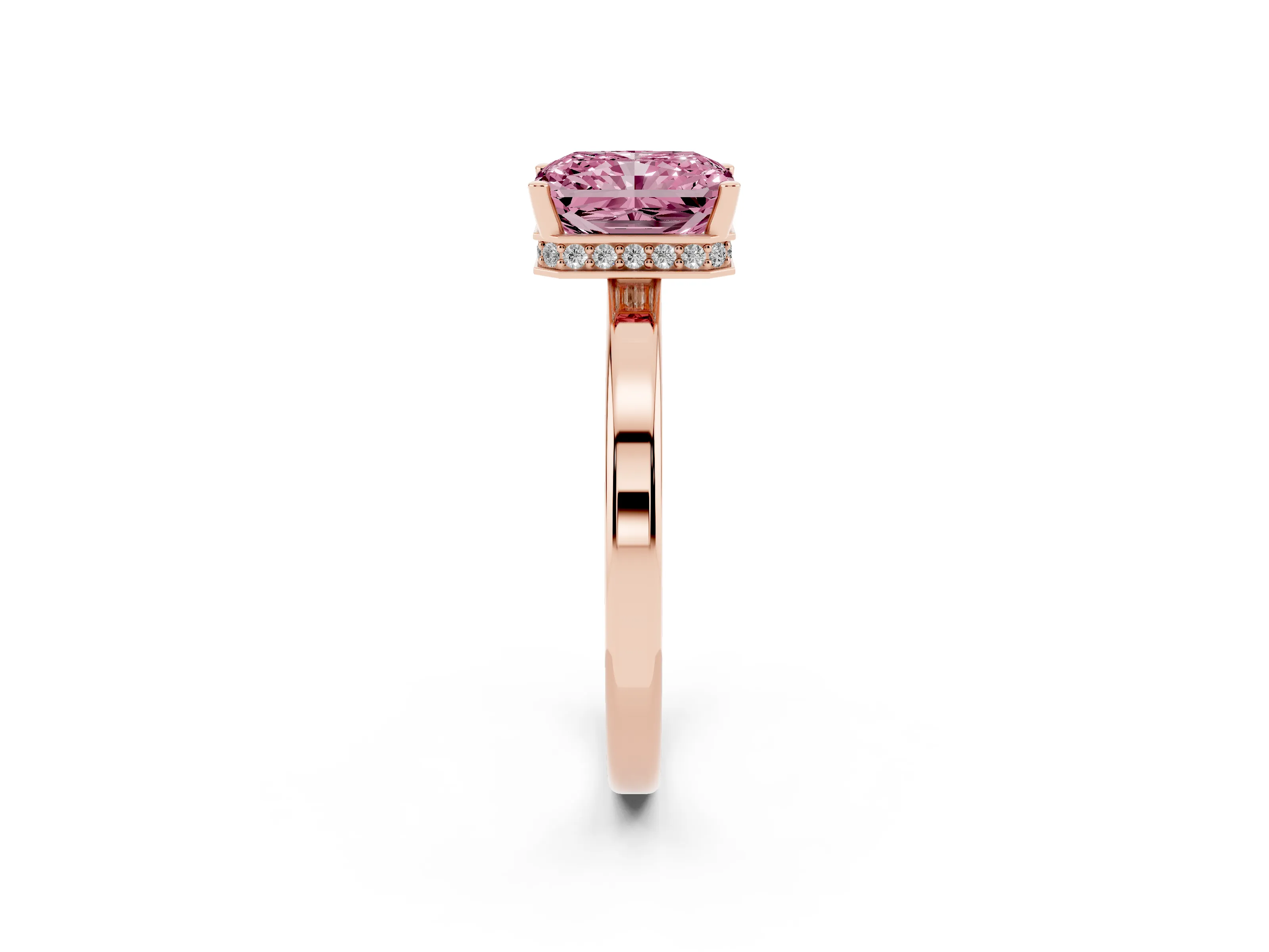 Fancy Pink Radiant Cut Diamond Solitaire Engagement Ring Set in Rose gold with Prong Setting on a Plain Band