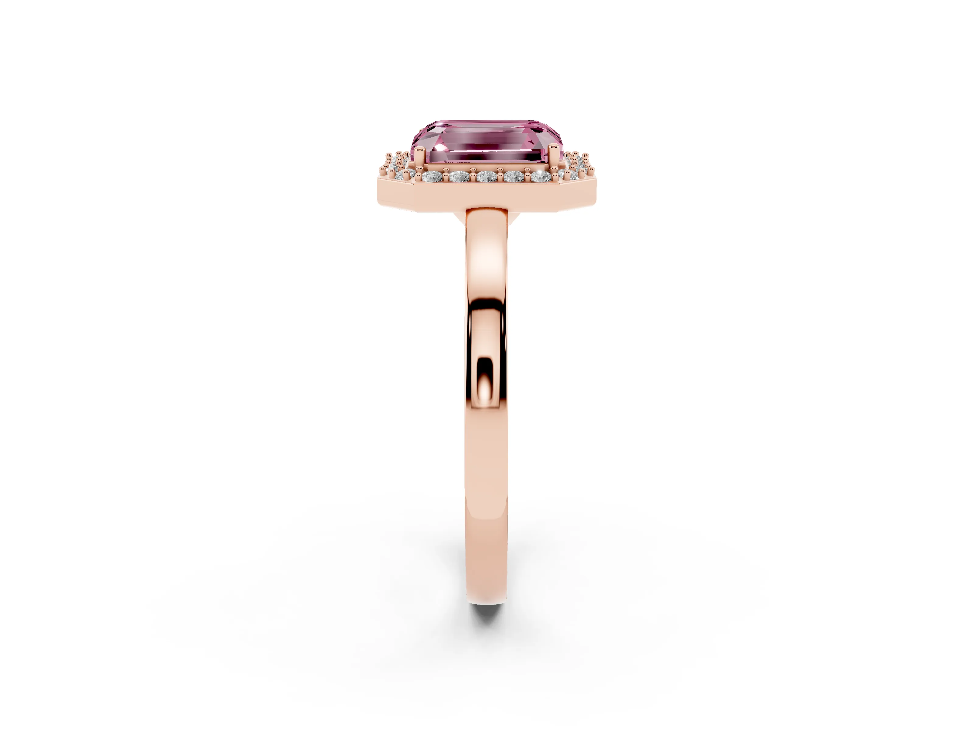 Fancy Pink Radiant Cut Diamond Halo Ring Set in Rose gold with Solitaire Band and Prong Setting