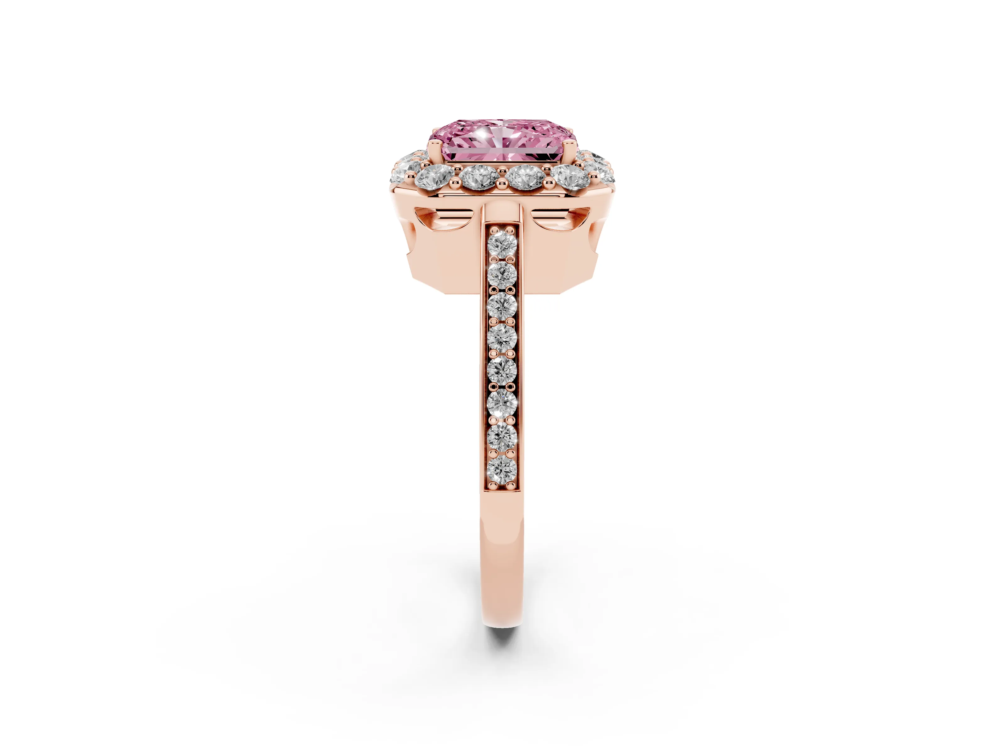 Fancy Pink Radiant Cut Diamond Floral Halo Ring Set in Rose gold with Pavé Band and Prong Setting