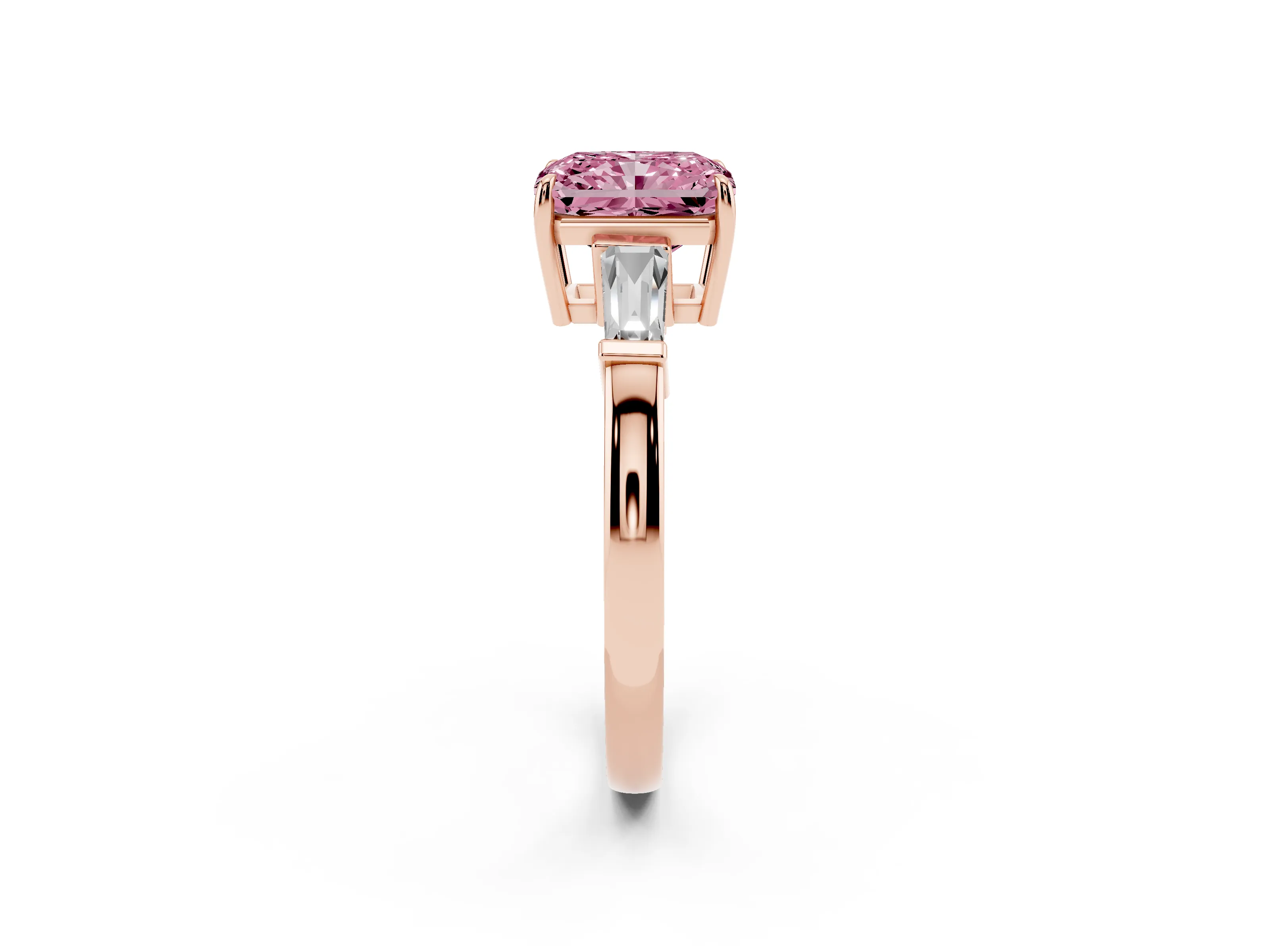 Fancy Pink Radiant Cut Diamond Three-Stone Ring Set in Rose gold with Tapered Baguette Side Stones and Prong Setting