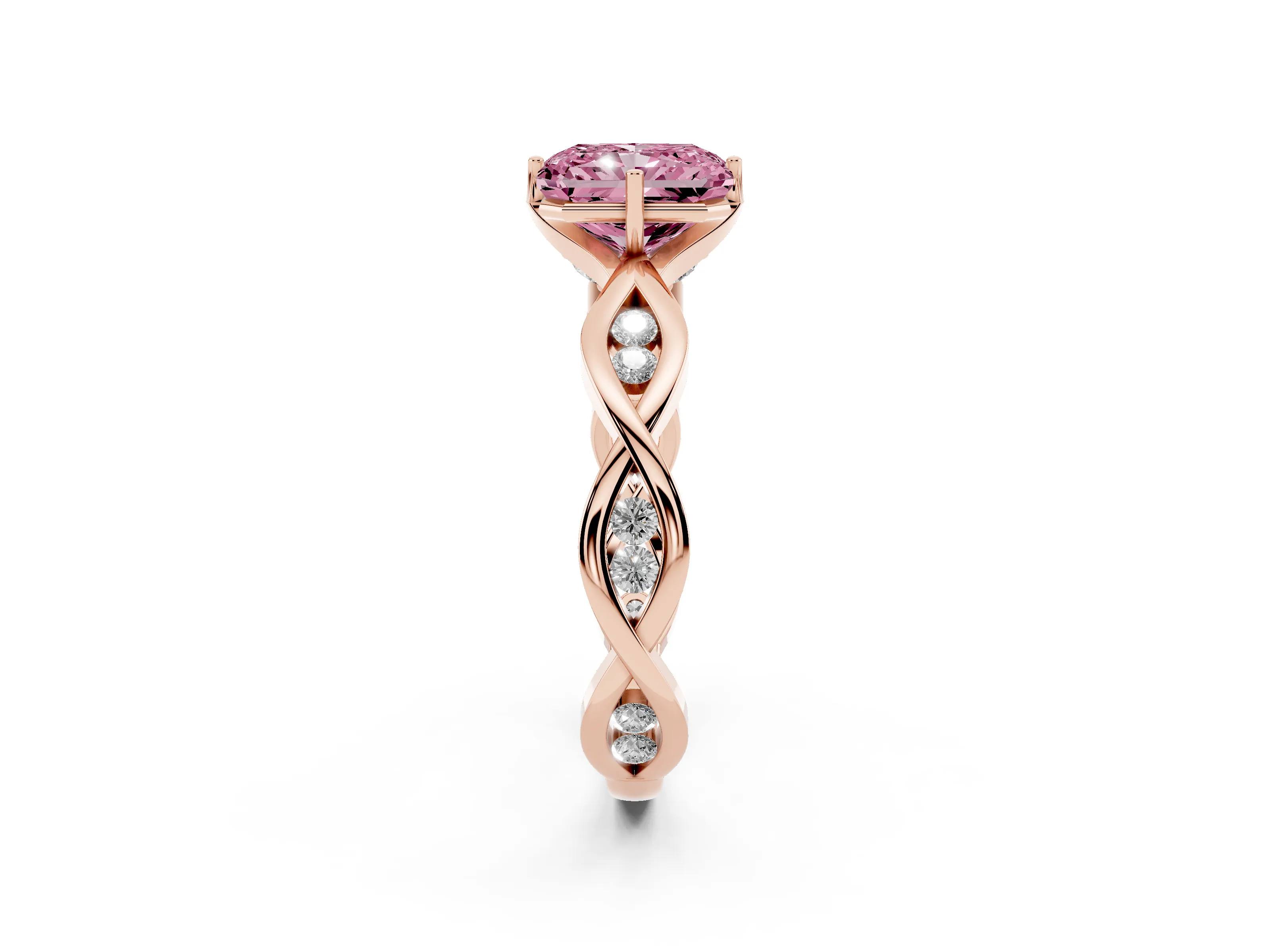 Fancy Pink Radiant Cut Diamond Twist Band Solitaire Ring Set in Rose gold with Leaf Prong Setting and Accent Stones