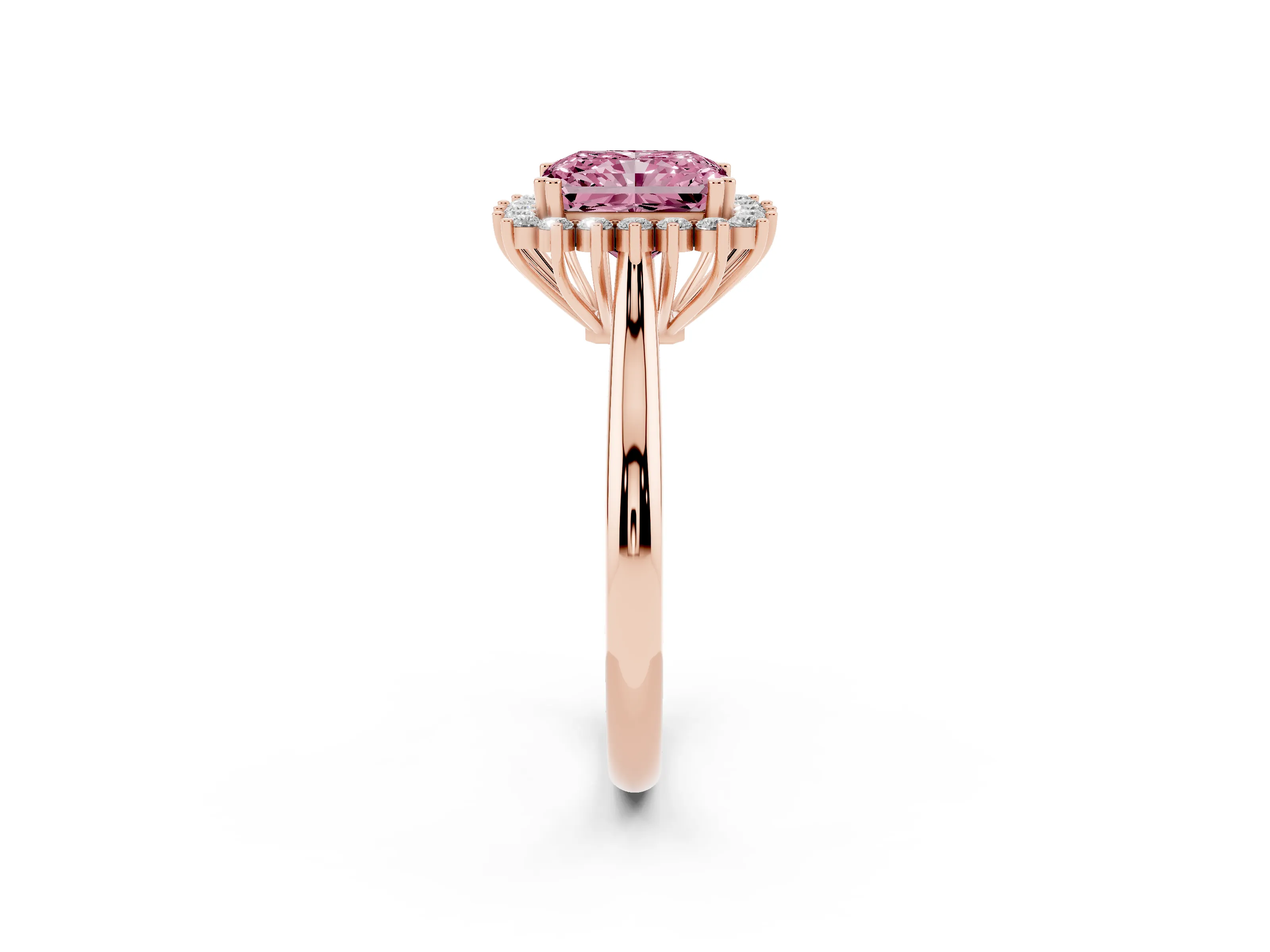 Fancy Pink Radiant Cut Diamond Halo Ring Set in Rose gold with Plain Solitaire Band and Prong Setting