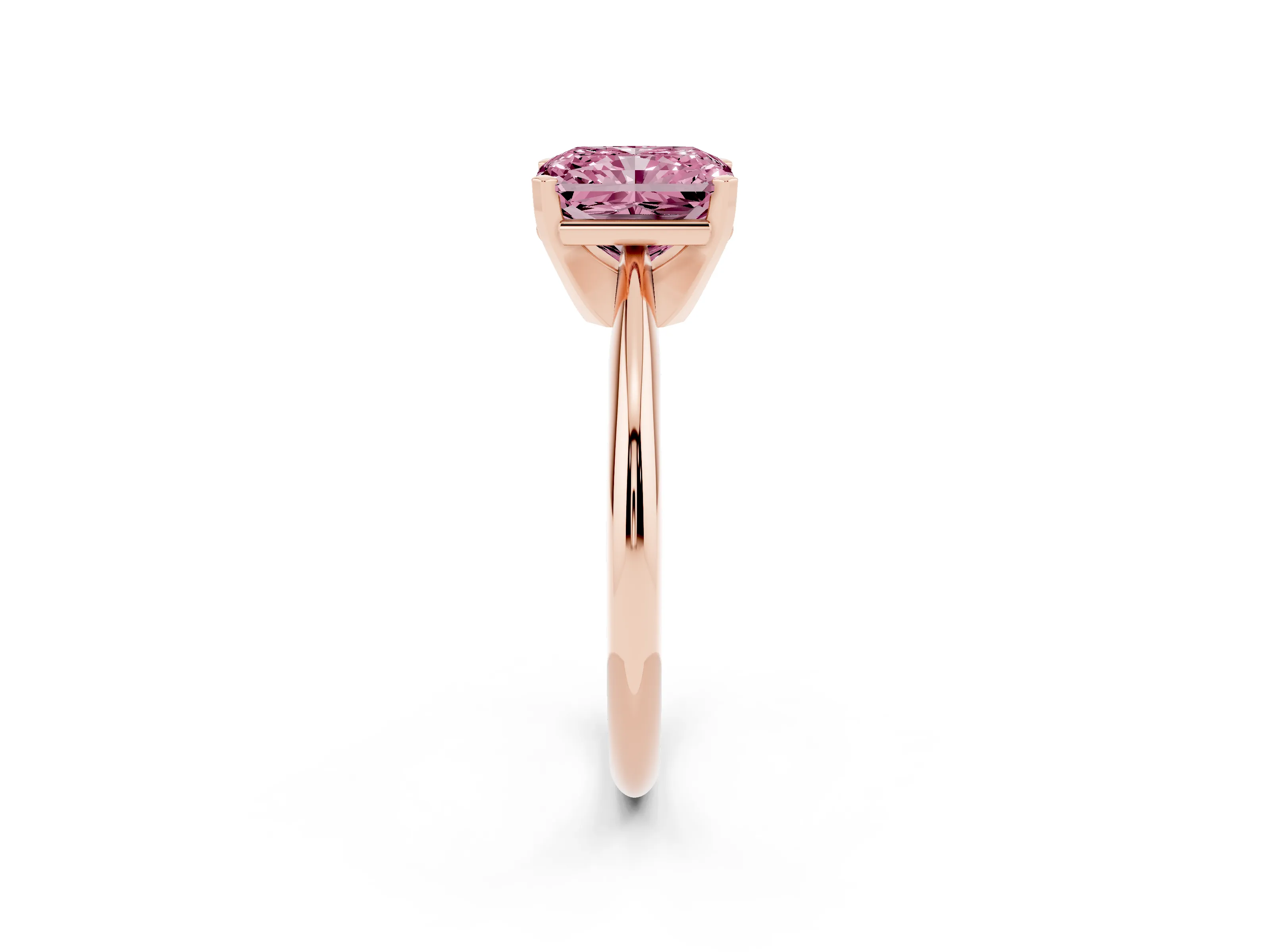 Fancy Pink Radiant Cut Diamond Solitaire Ring Set in Rose gold with Prong Setting on a Plain Round Band