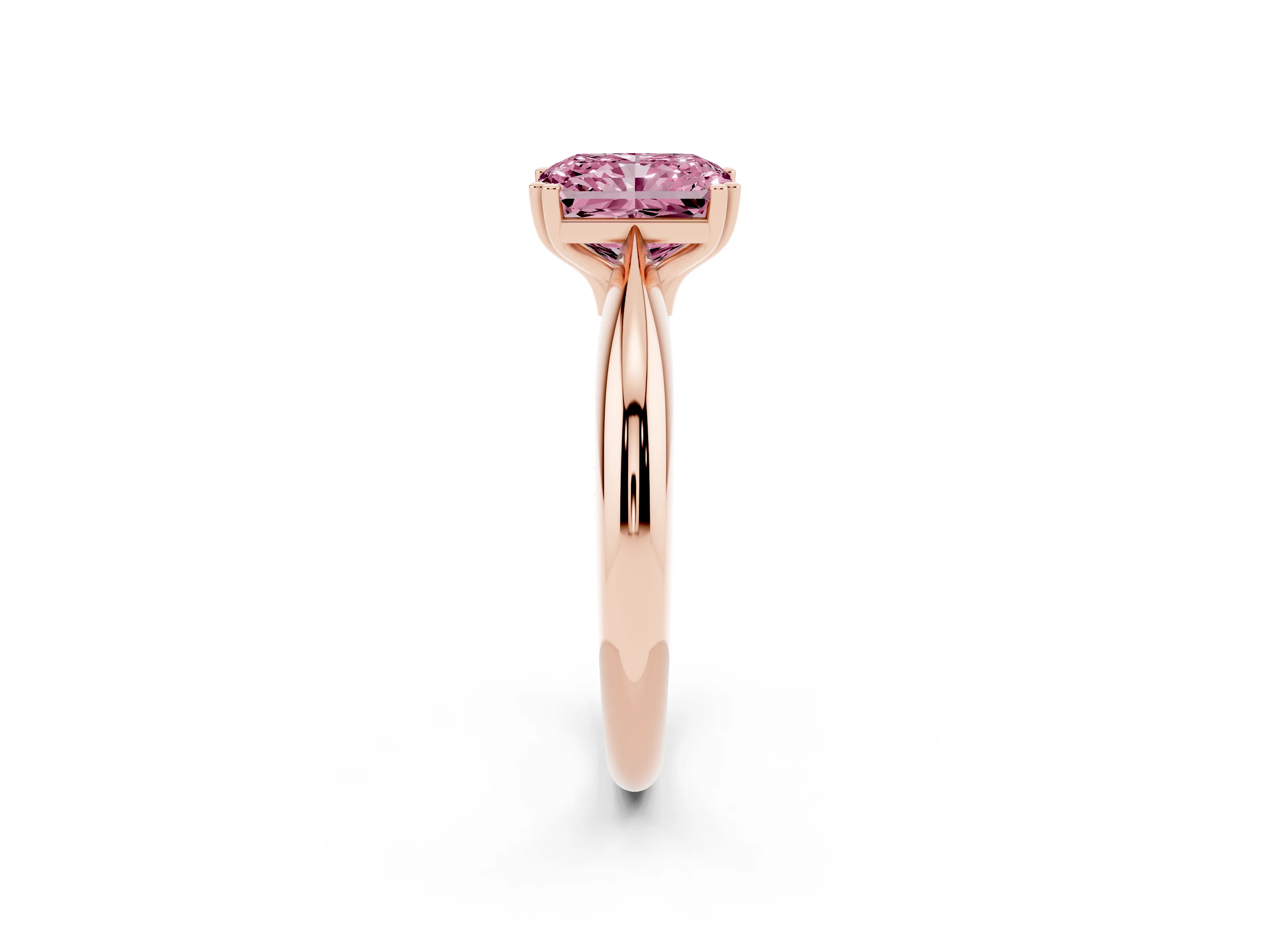 Fancy Pink Radiant Cut Diamond Solitaire Engagement Ring Set in Rose gold with Tapered Band and Prong Setting