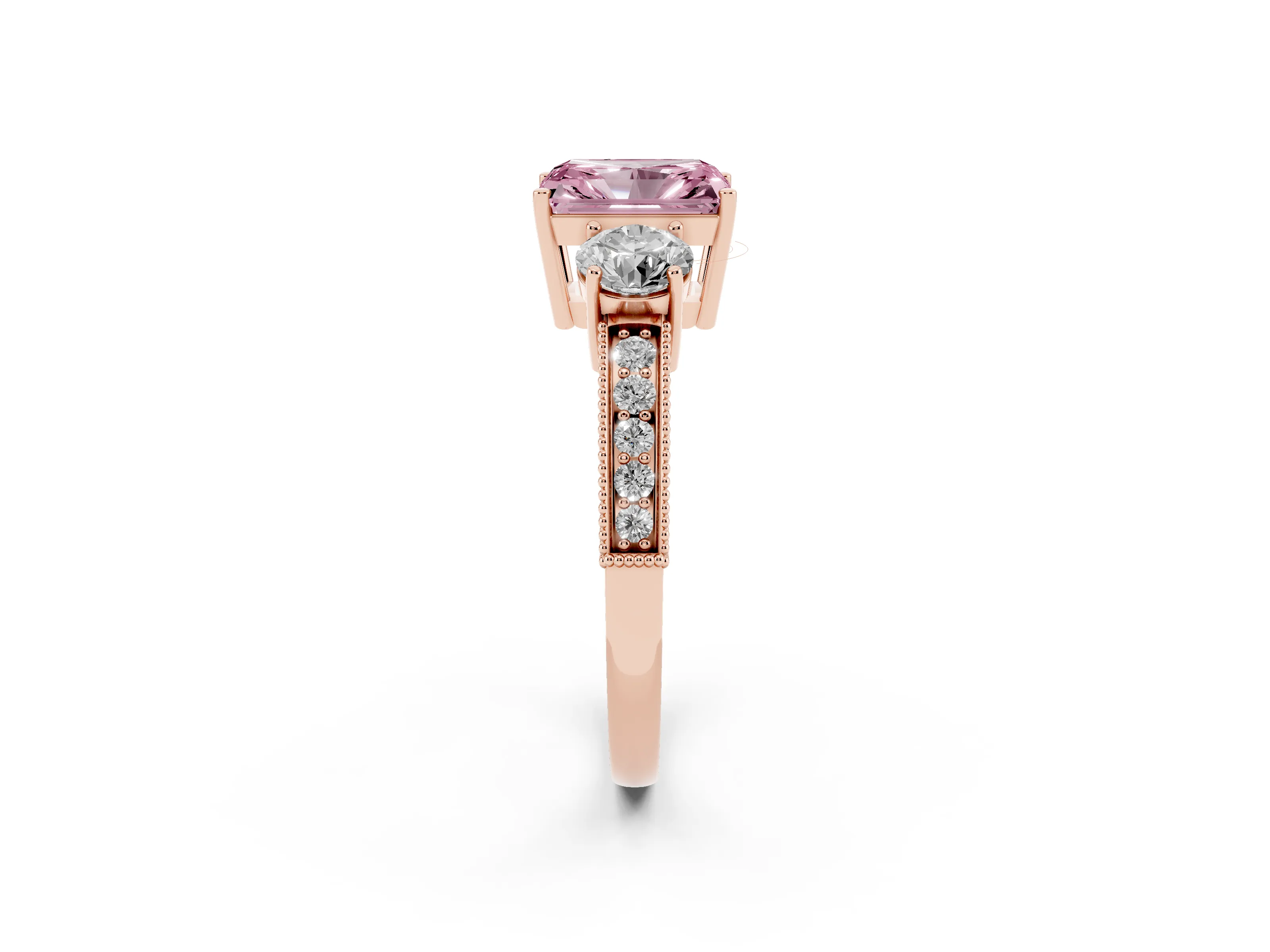 Fancy Pink Radiant Cut Diamond Three-Stone Ring Set in Rose gold with Round Side Stones and Pavé Band