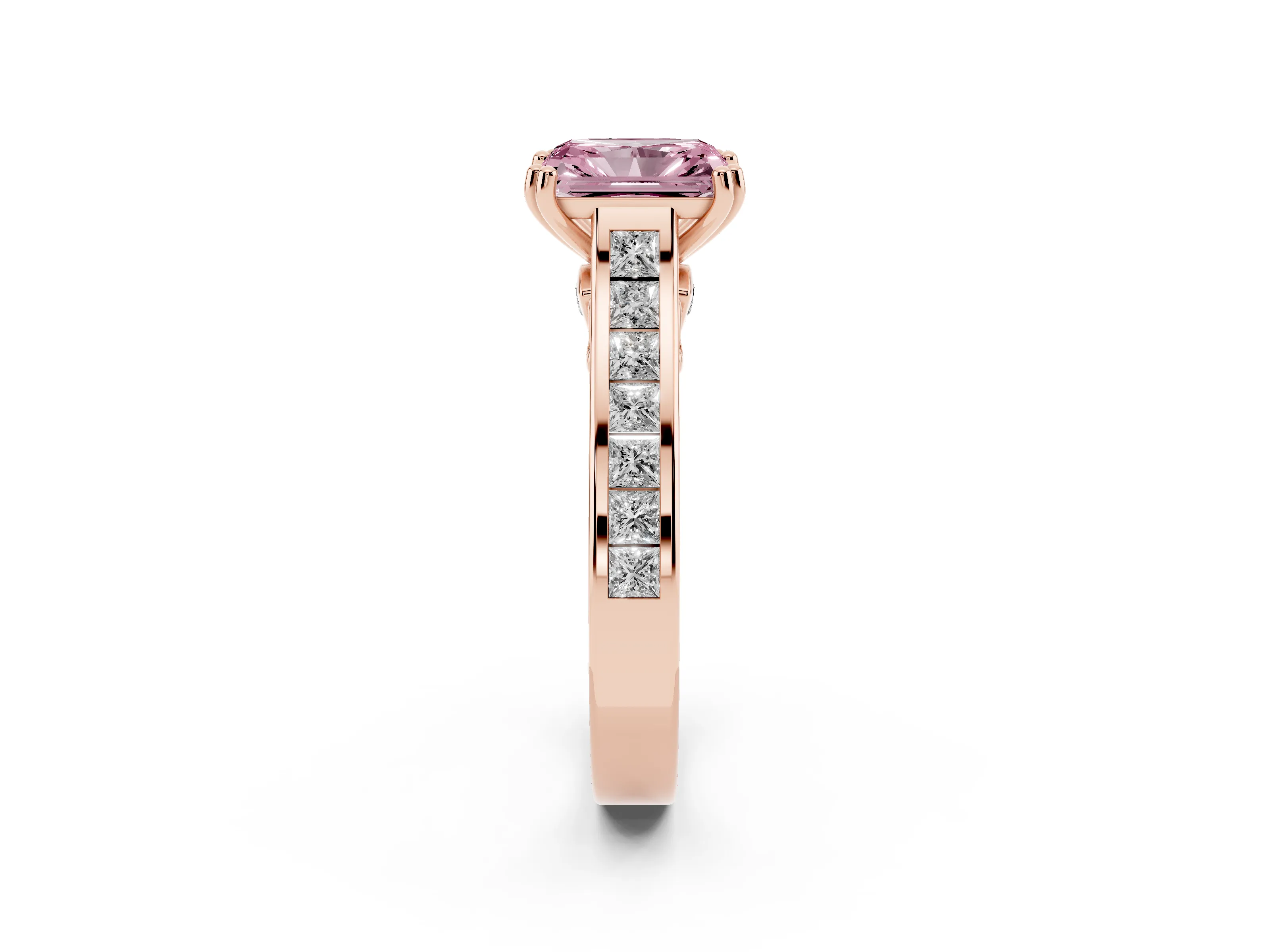 Fancy Pink Radiant Cut Diamond Channel Set Solitaire Engagement Ring Set in Rose gold with Prong Setting
