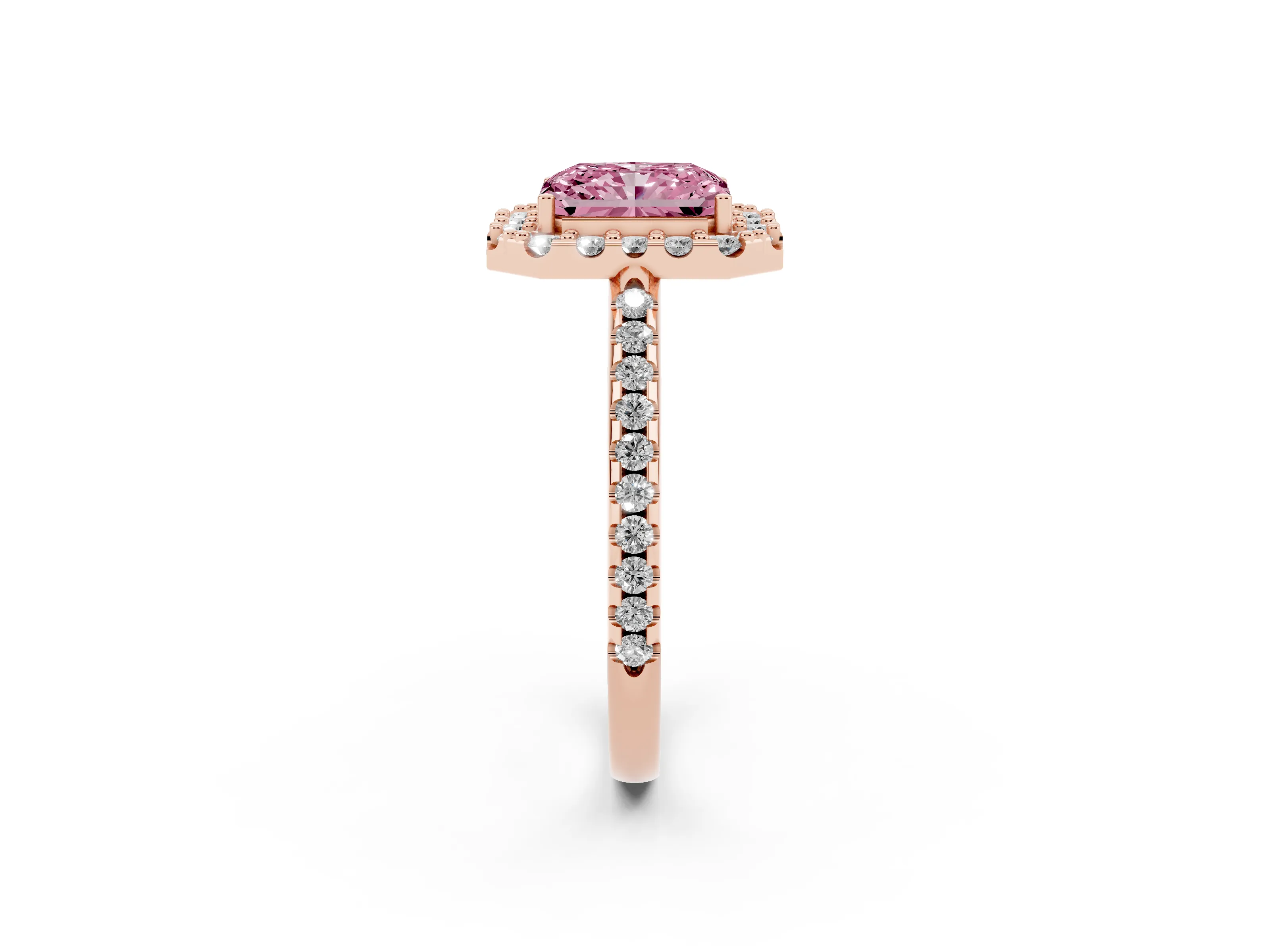 Fancy Pink Radiant Cut Diamond Pavé Halo Ring Set in Rose gold with Prong Setting