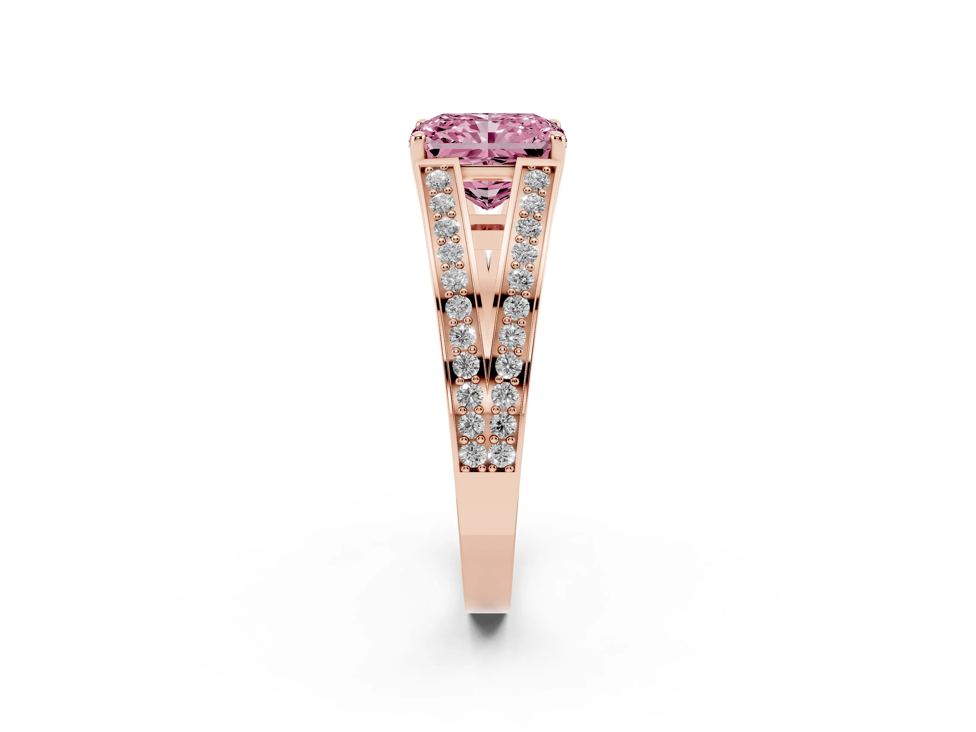 Fancy Pink Radiant Cut Diamond Split Shank Ring Set in Rose gold with Pavé Band and Prong Setting