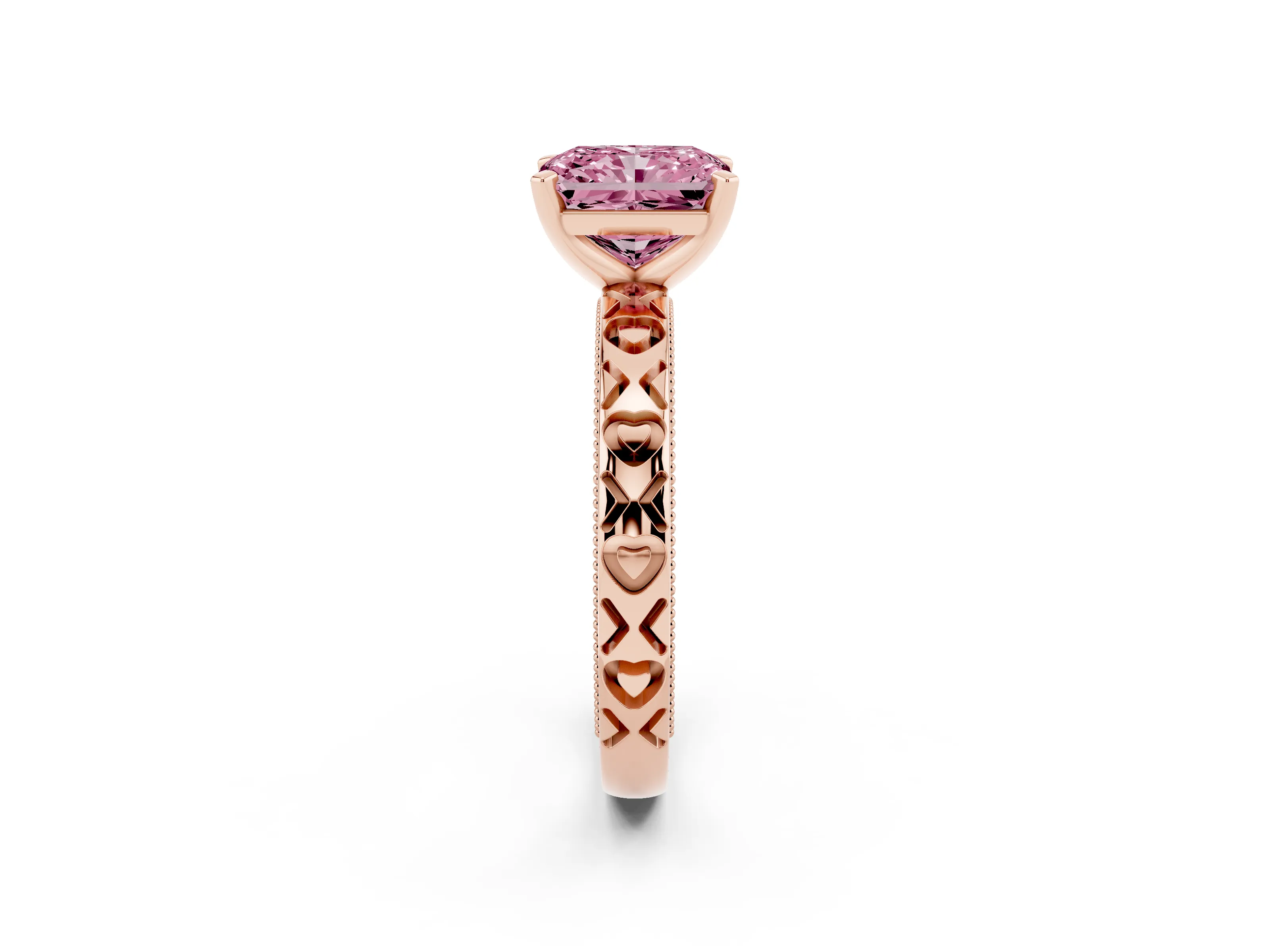 Fancy Pink Radiant Cut Diamond Solitaire Engagement Ring Set in Rose gold with XO Engraved Band and Prong Setting