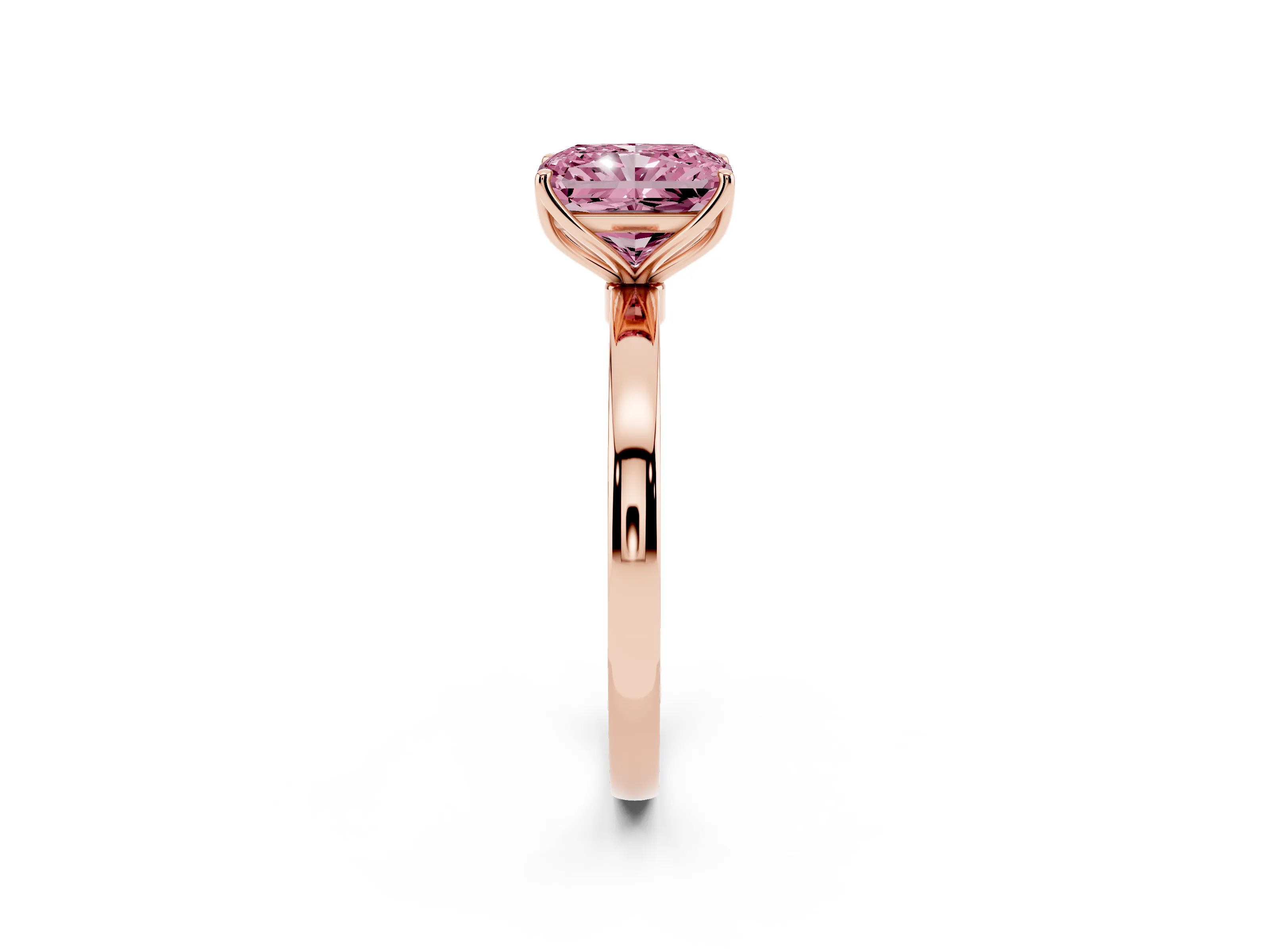 Fancy Pink Radiant Cut Diamond Solitaire Ring Set in Rose gold with Prong Setting and Thin Polished Band