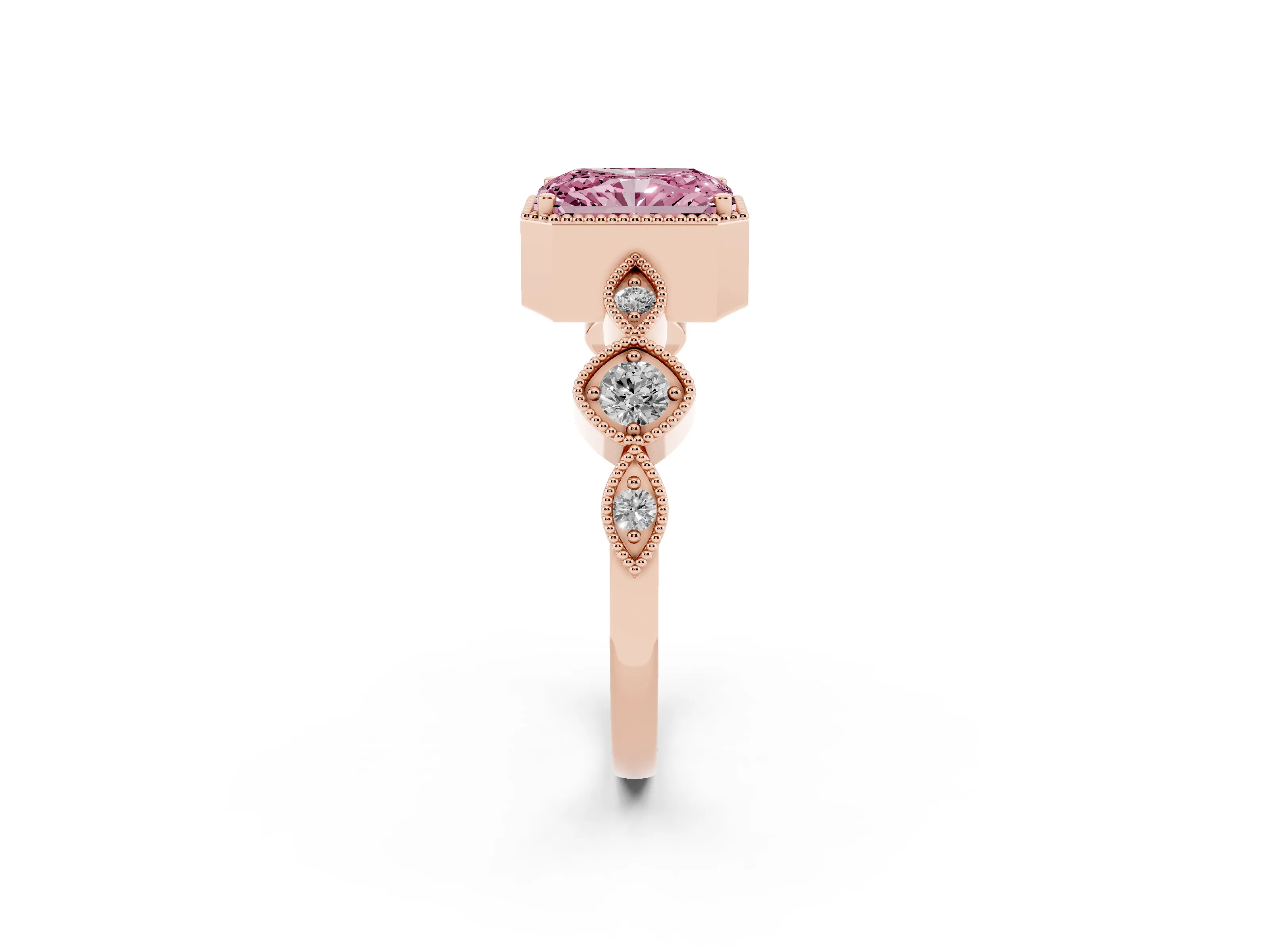 Fancy Pink Radiant Cut Diamond Vintage-Inspired Milgrain Ring Set in Rose gold with Marquise Stations of Round Accents