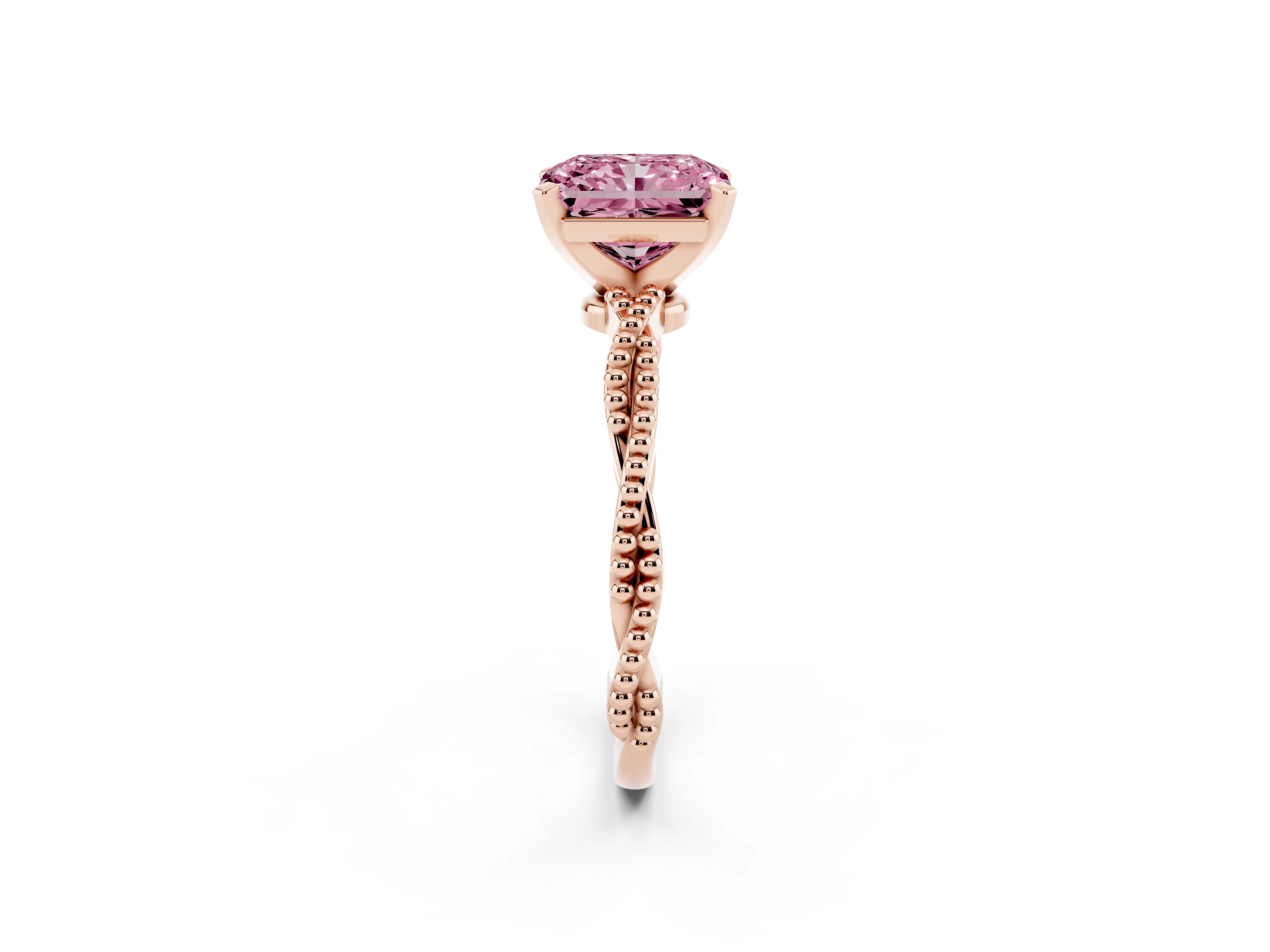 Fancy Pink Radiant Cut Diamond Solitaire Ring Set in Rose gold with Twisted Band and Bead Prong Setting