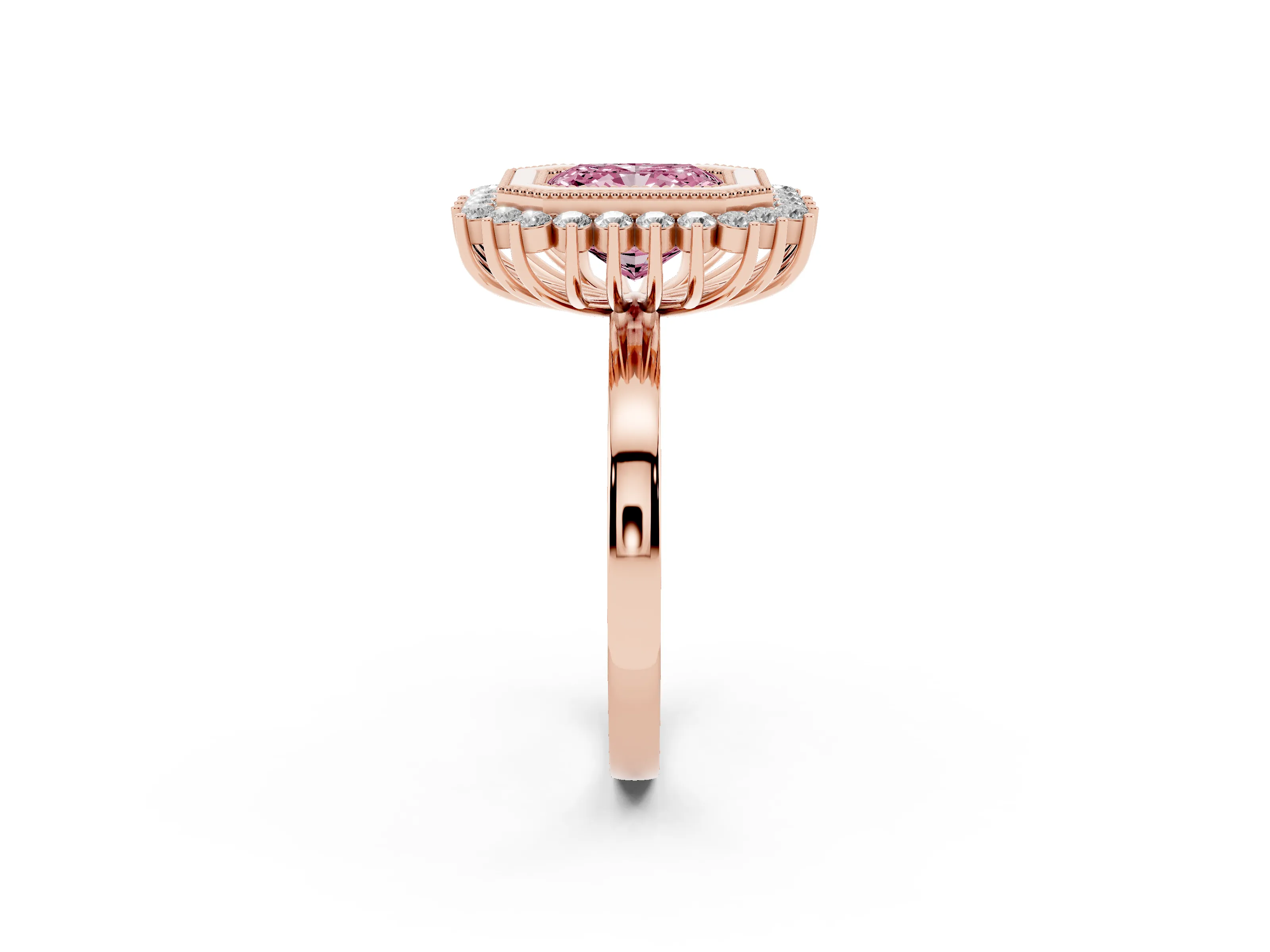 Fancy Pink Radiant Cut Diamond Halo Ring Set in Rose gold with Milgrain Edge and Round Prong Setting