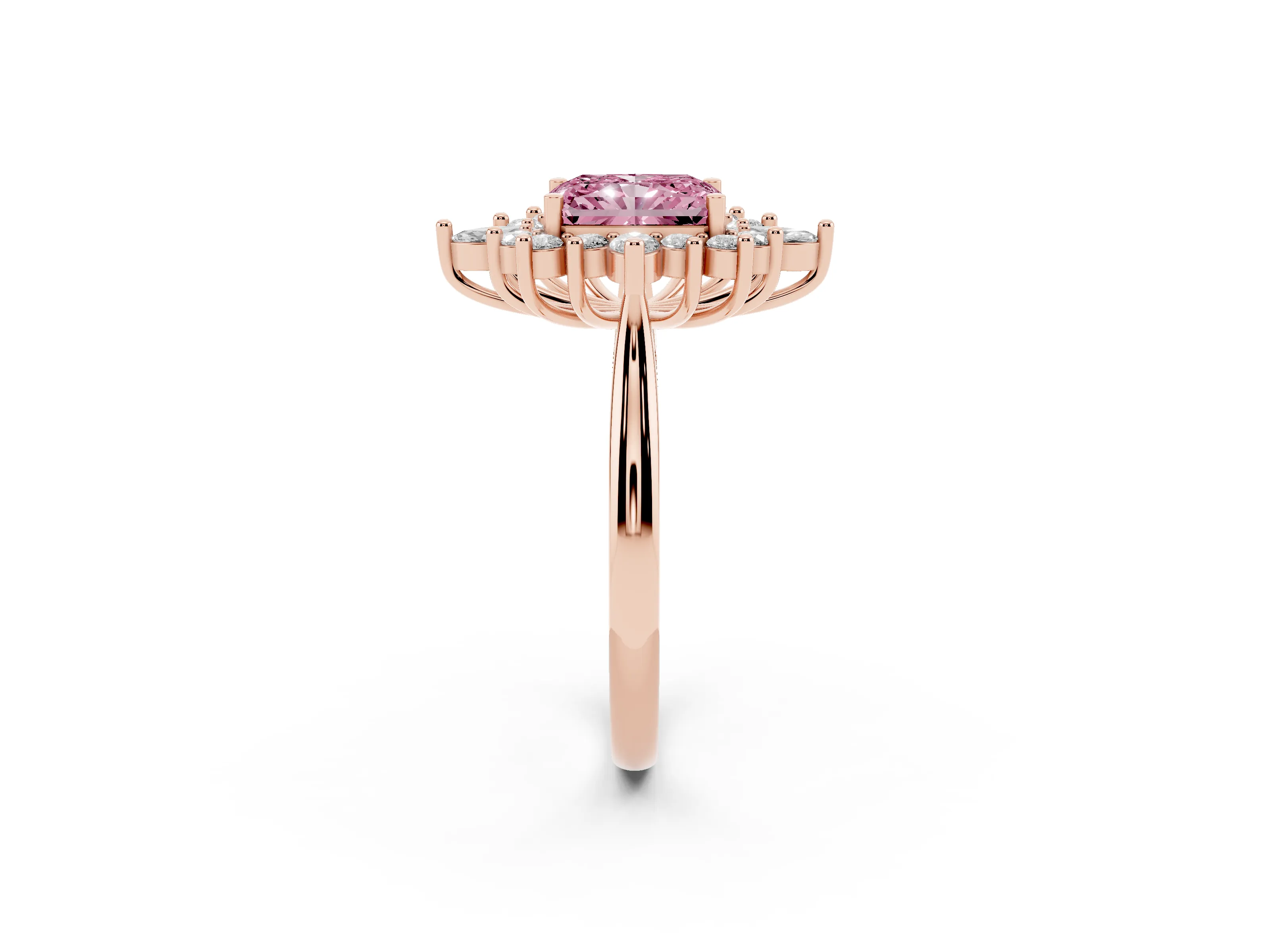 Fancy Pink Radiant Cut Diamond Cluster Halo Ring Set in Rose gold with Marquise and Round Accents