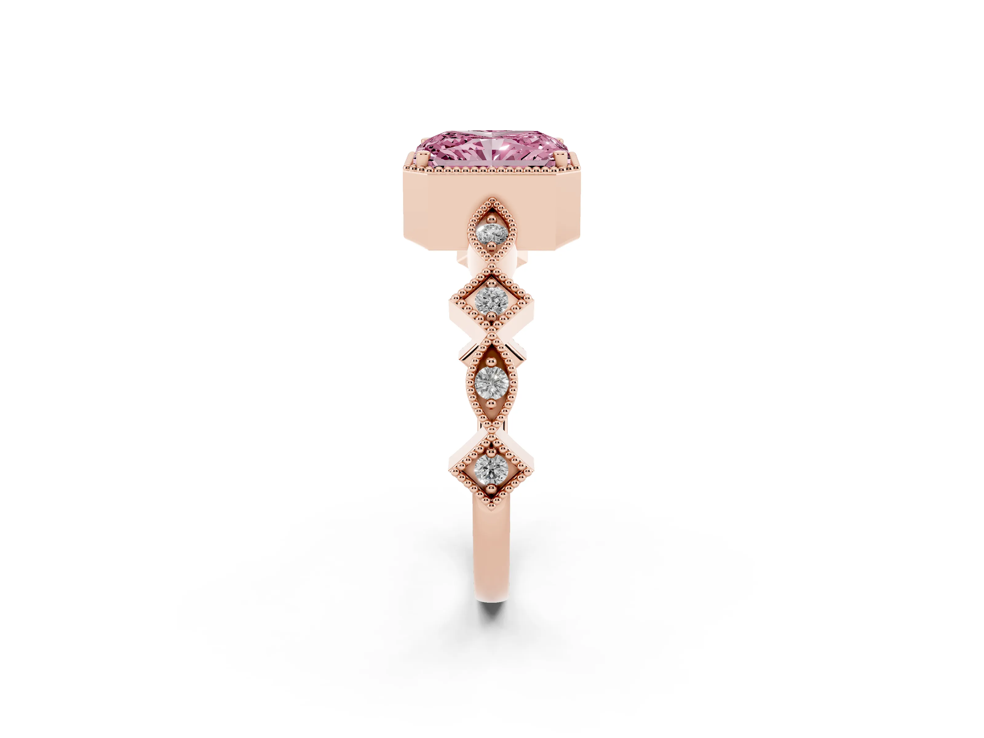Fancy Pink Radiant Cut Diamond Milgrain Marquise Twist Band Ring Set in Rose gold with Prong Setting