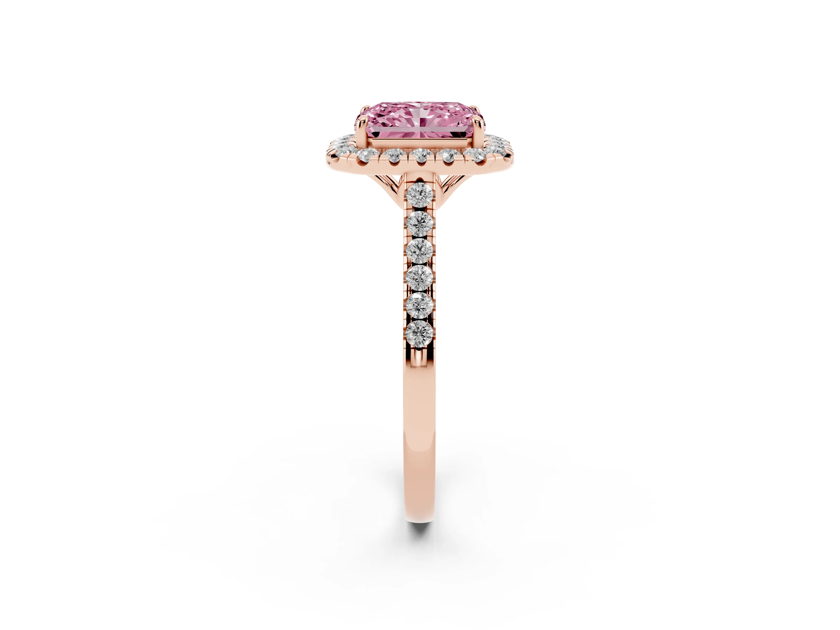 Fancy Pink Radiant Cut Diamond Pavé Halo Engagement Ring Set in Rose gold with Pavé Band and Prong Setting