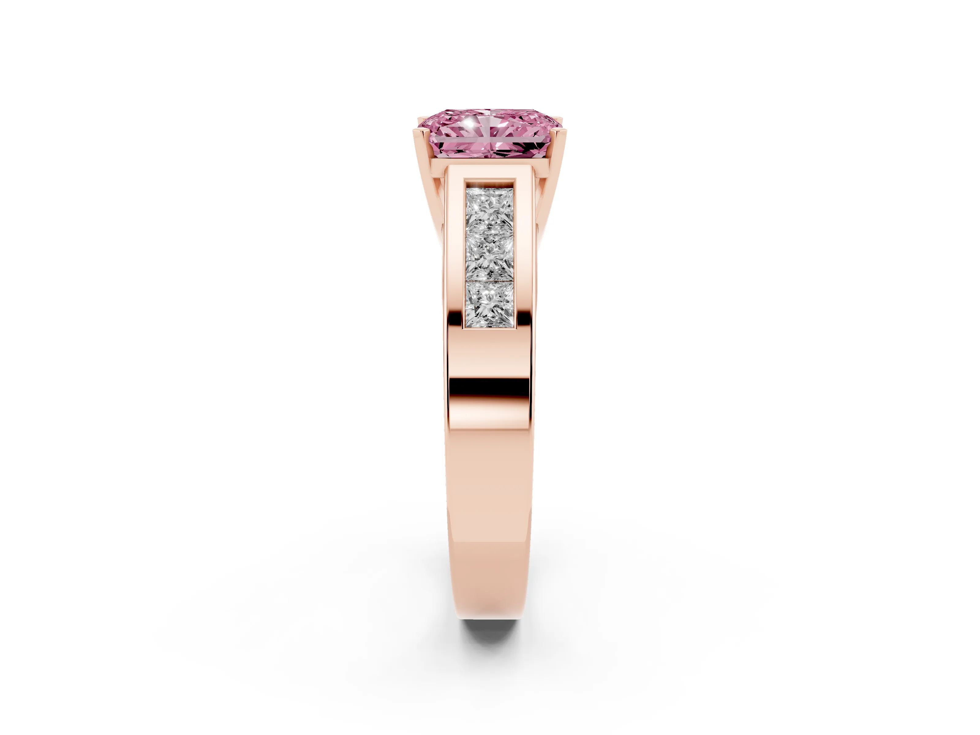 Fancy Pink Radiant Cut Diamond Solitaire Ring Set in Rose gold with Channel-Set Accent Stones and Prong Setting