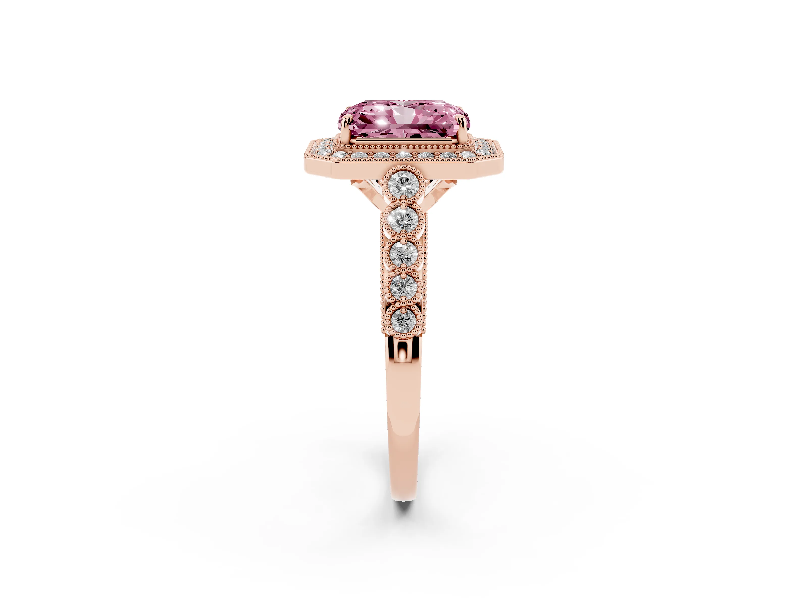 Fancy Pink Radiant Cut Diamond Milgrain Halo Solitaire Ring Set in Rose gold with Bezel Set Side Stones and Pavé Band