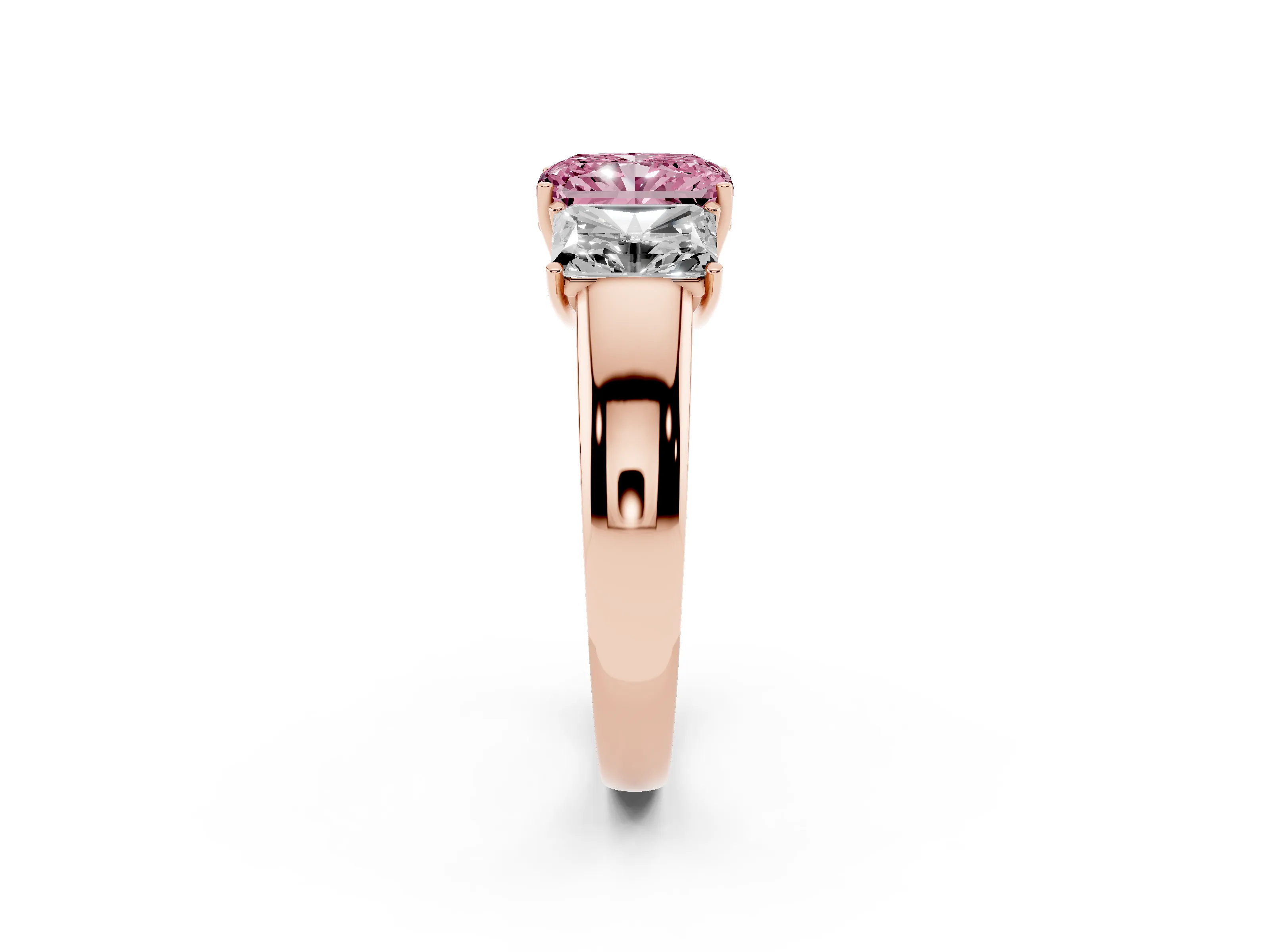 Fancy Pink Three-Stone Radiant Cut Diamond Ring Set in Rose gold with Matching Prong Settings and Plain Band