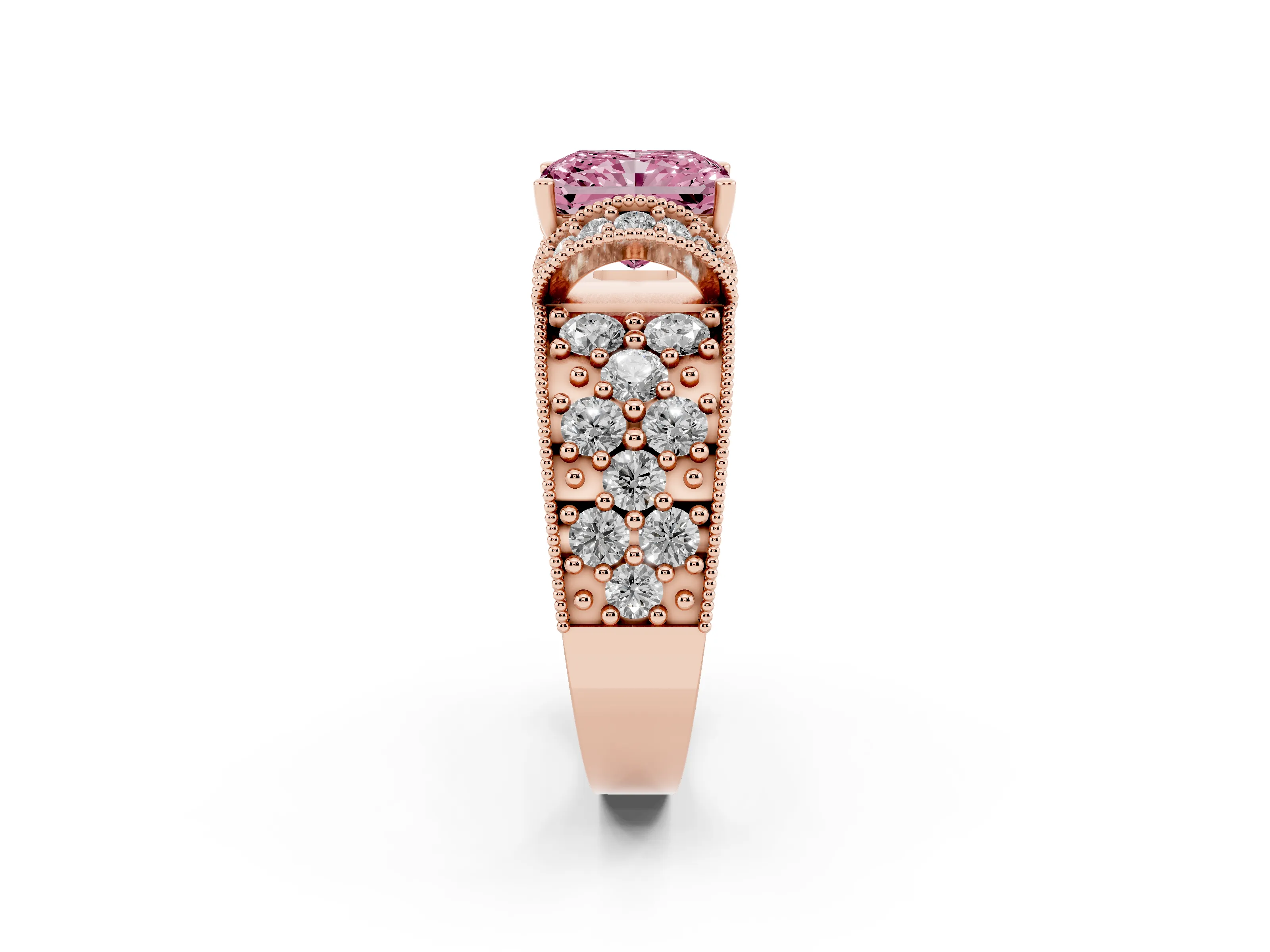 Fancy Pink Radiant Cut Diamond Milgrain Halo Pavé Engagement Ring Set in Rose gold with Prong Setting